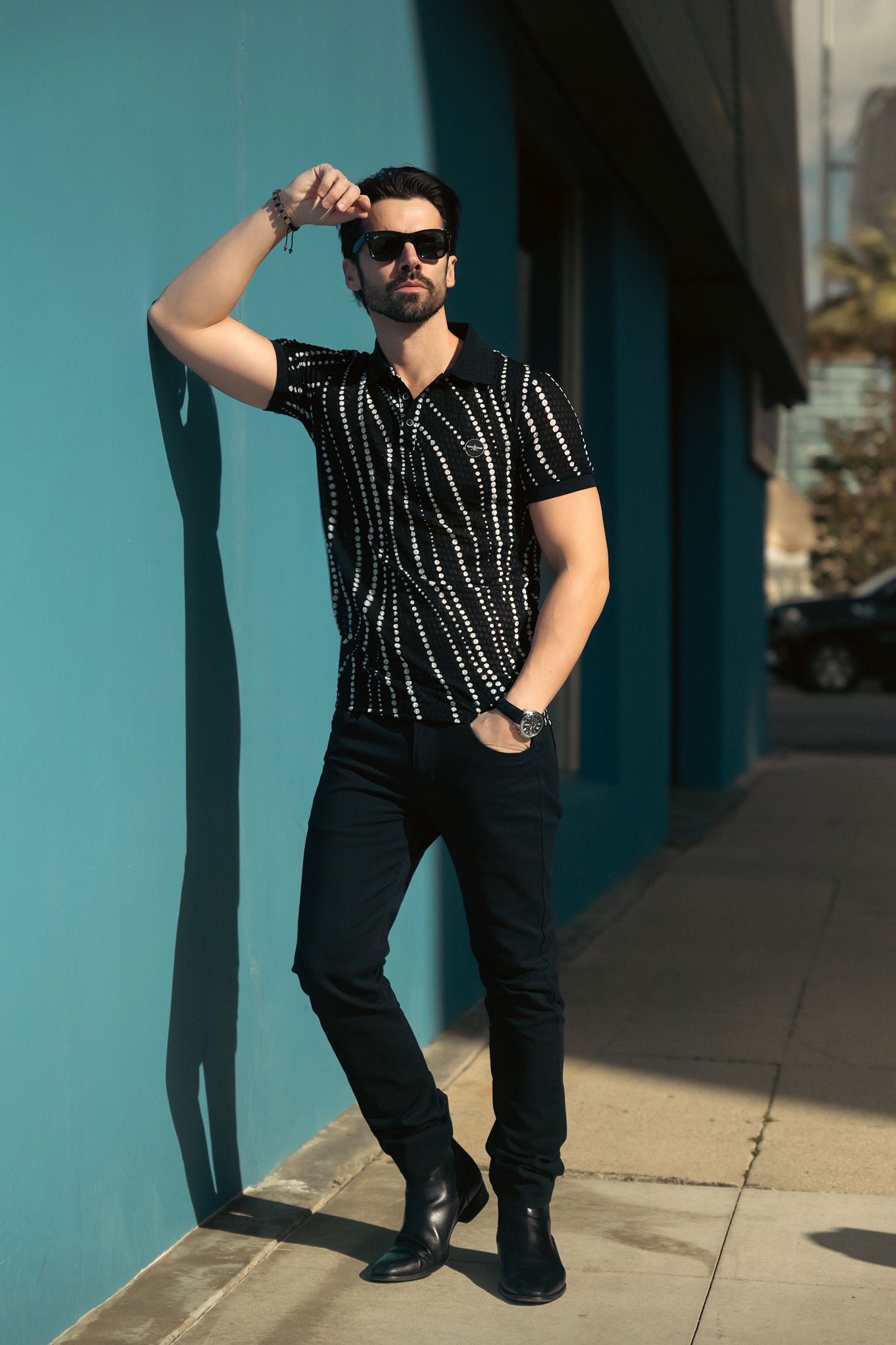 Barabas Men's Polka Dots Stretch See Through Polo Shirts 5P08 Black