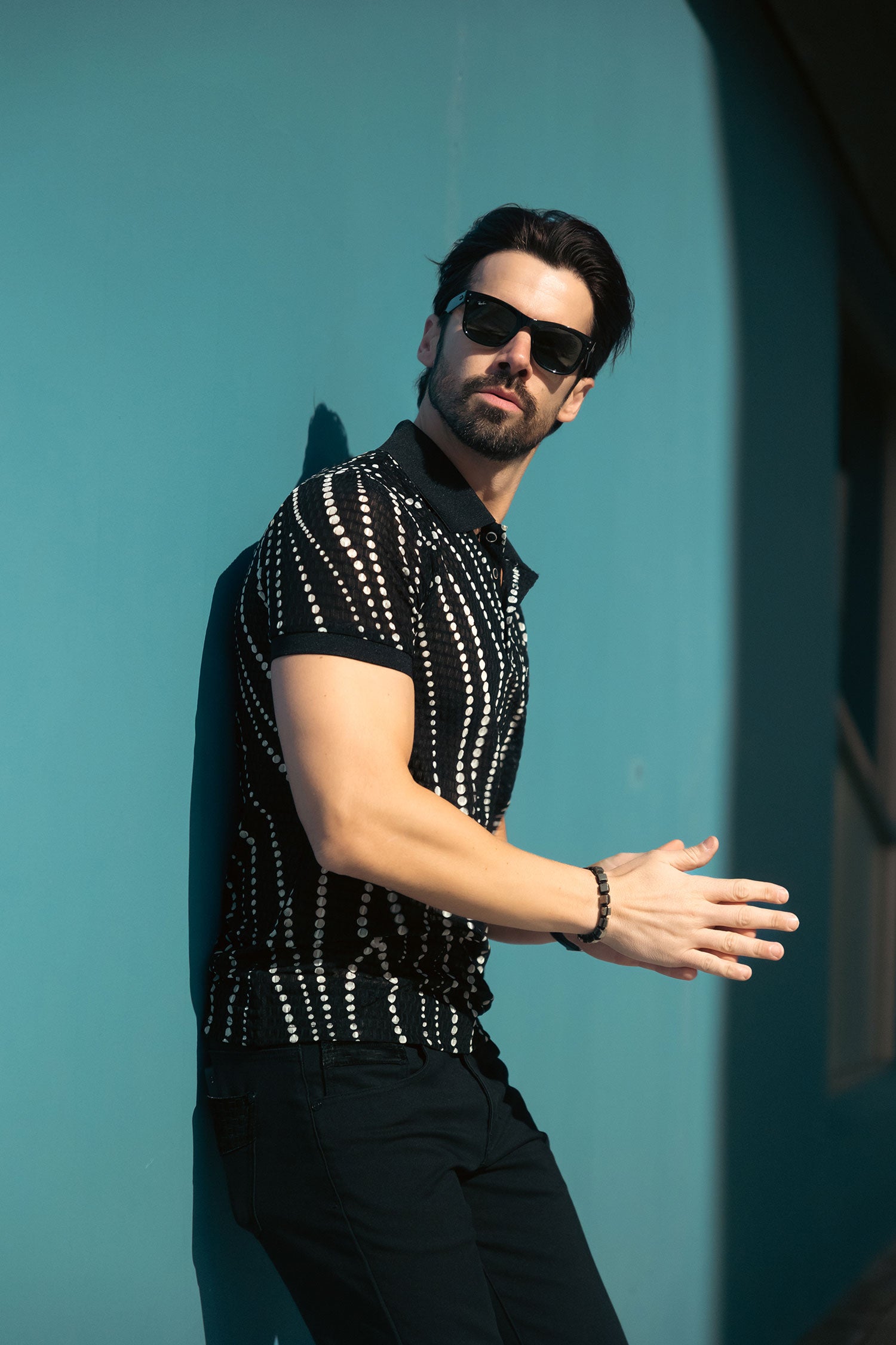 Barabas Men's Polka Dots Stretch See Through Polo Shirts 5P08 Black