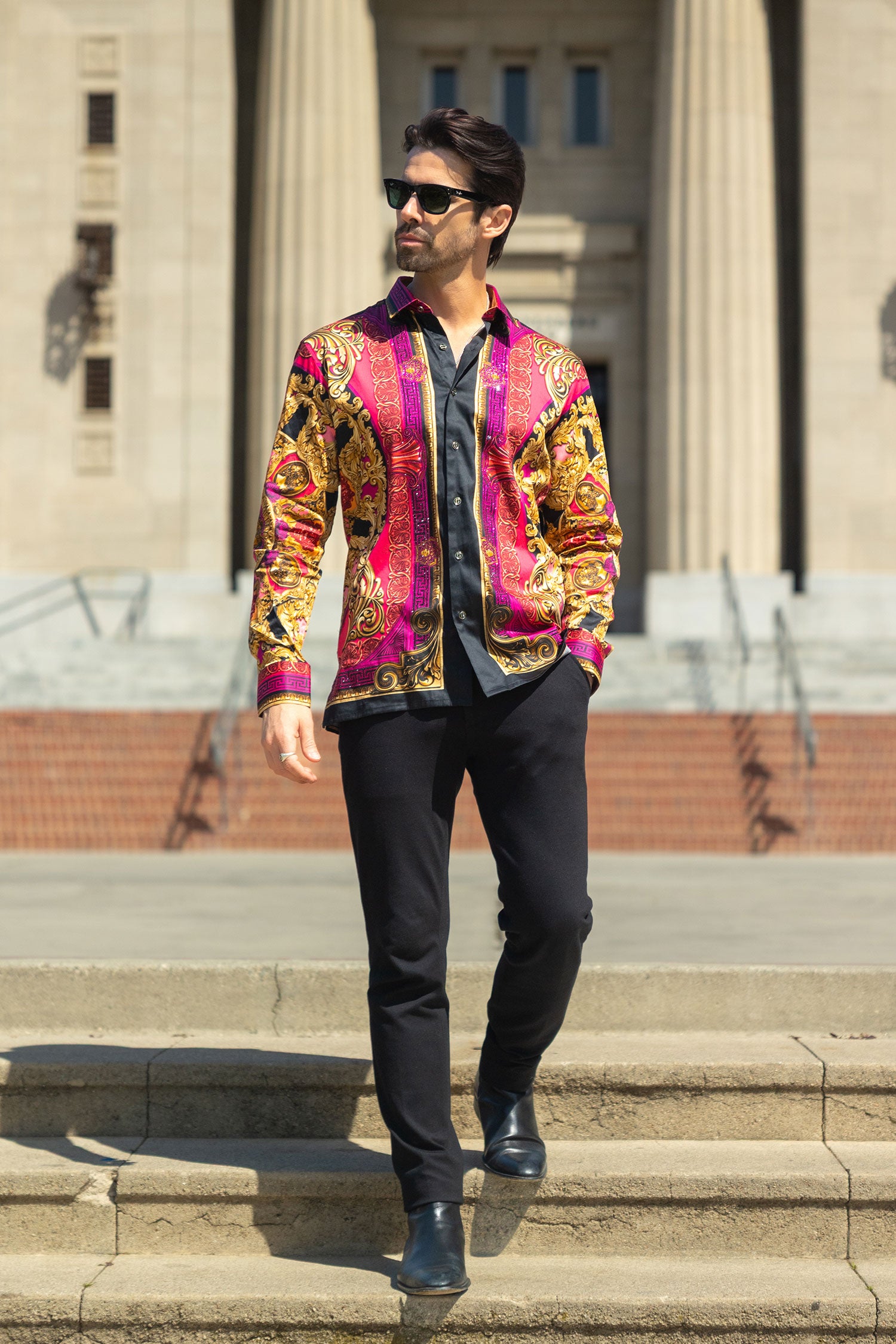 BARABAS Men's Rhinestone Medusa Floral Long Sleeve Shirts 3SPR416 Acid Pink