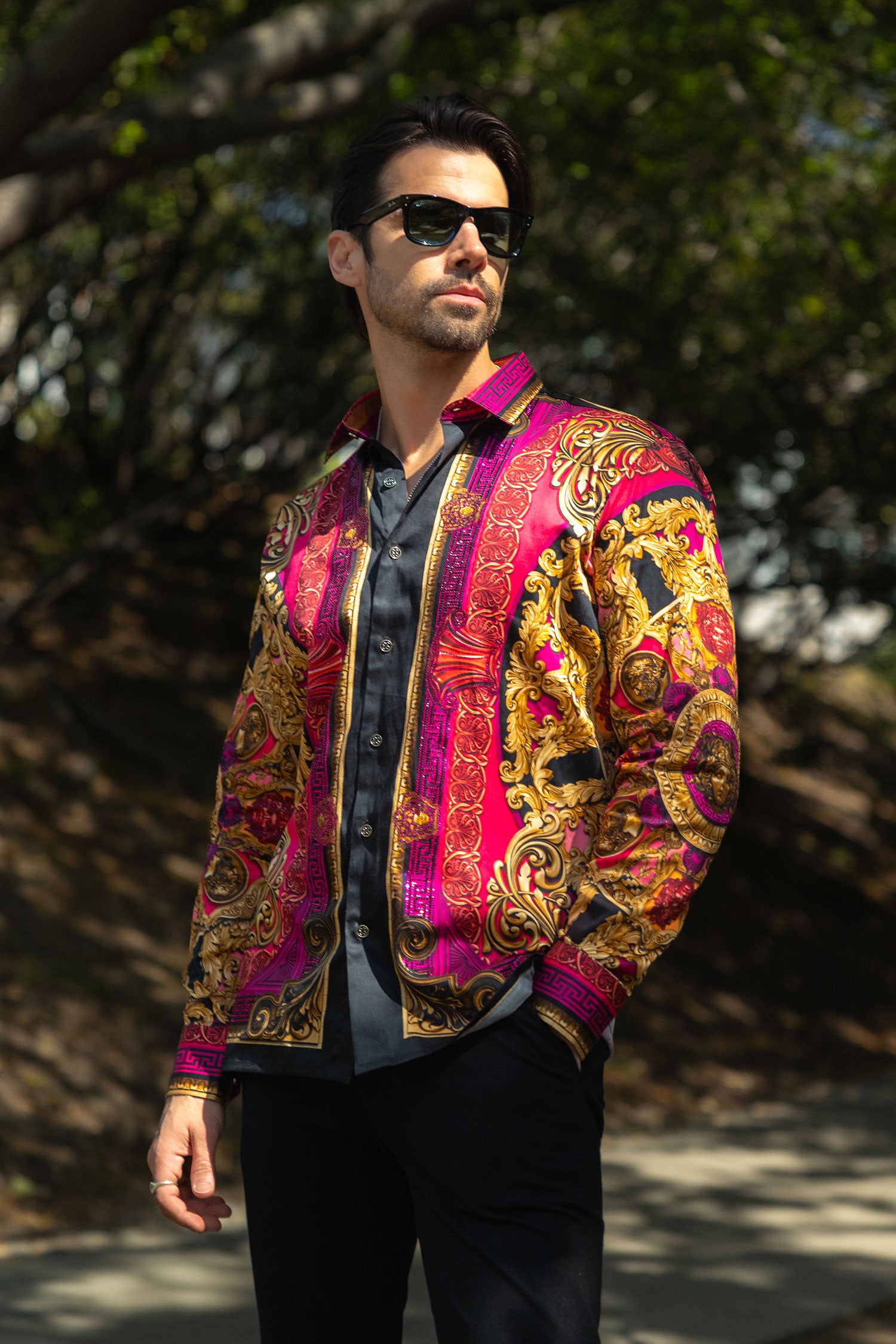 BARABAS Men's Rhinestone Medusa Floral Long Sleeve Shirts 3SPR416 Acid Pink