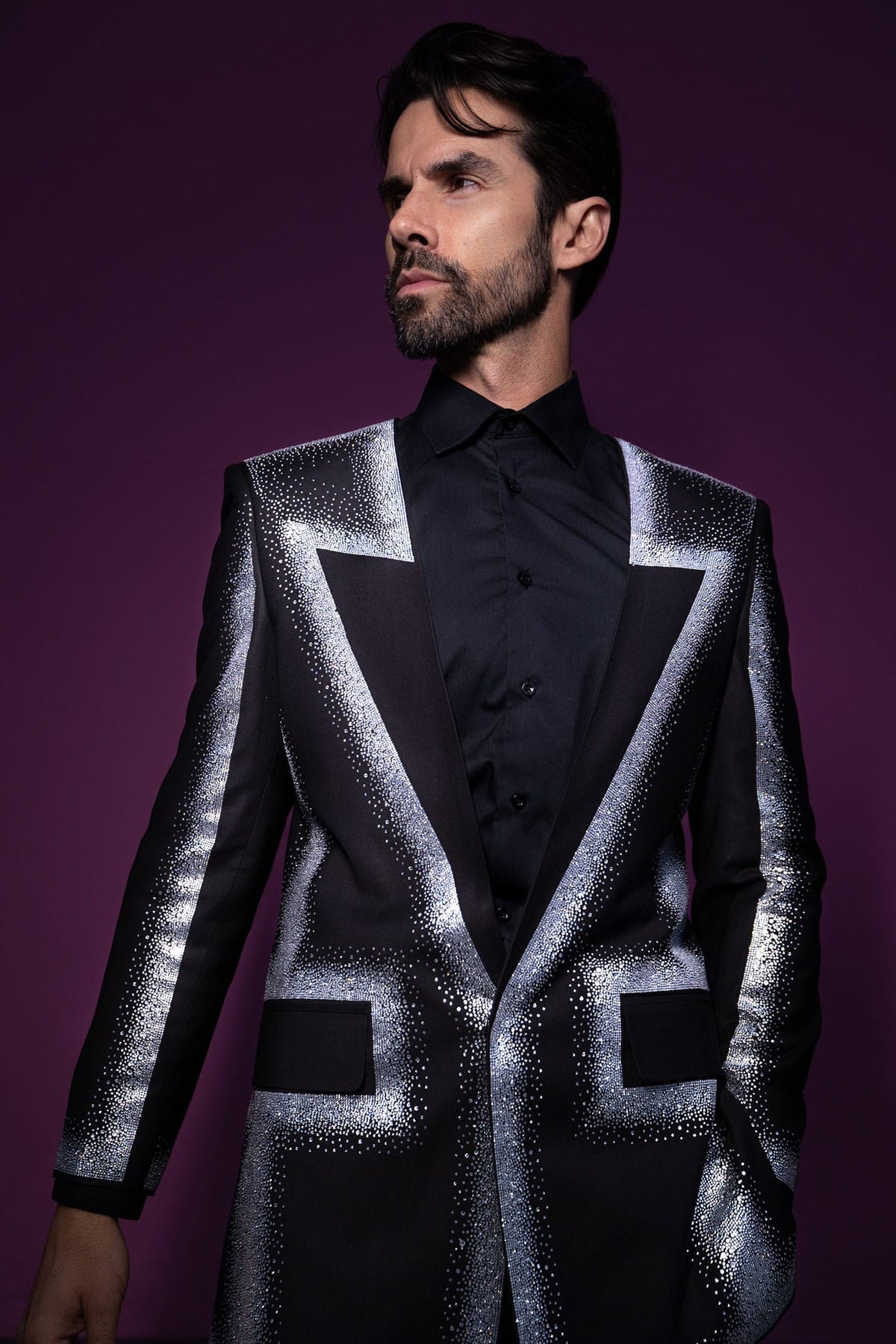 Barabas Men's Rhinestone Design Luxury Prom Collarless Blazer 5BL03 Black Silver