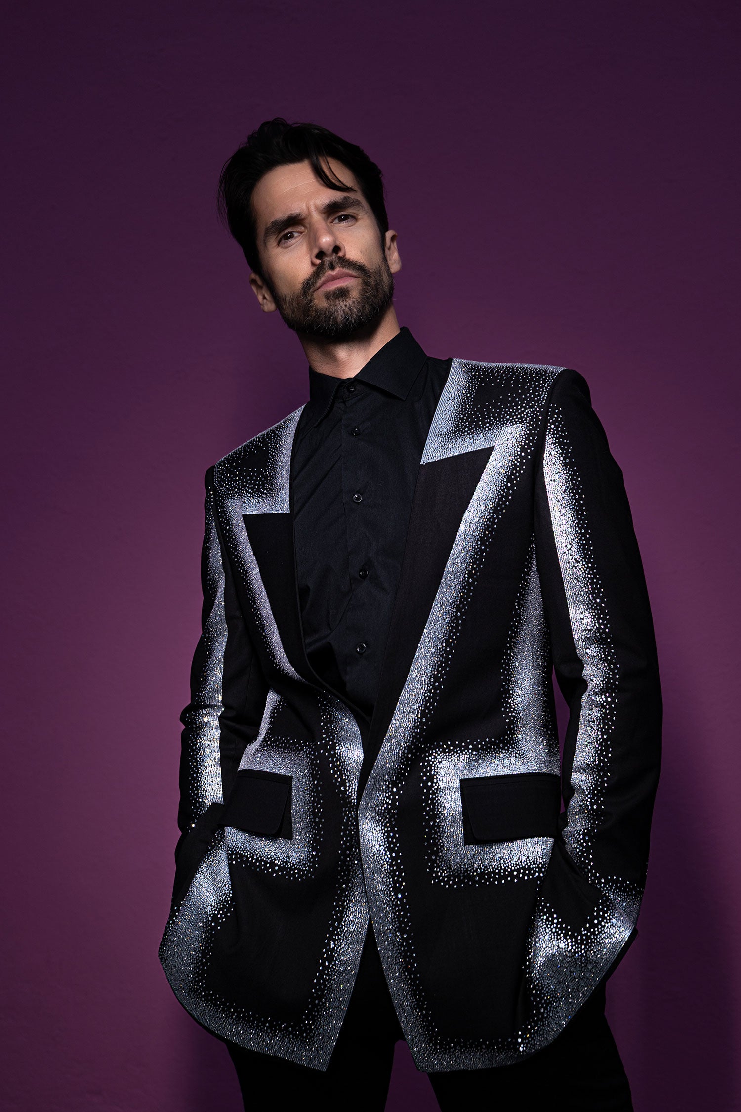 Barabas Men's Rhinestone Design Luxury Prom Collarless Blazer 5BL03 Black Silver