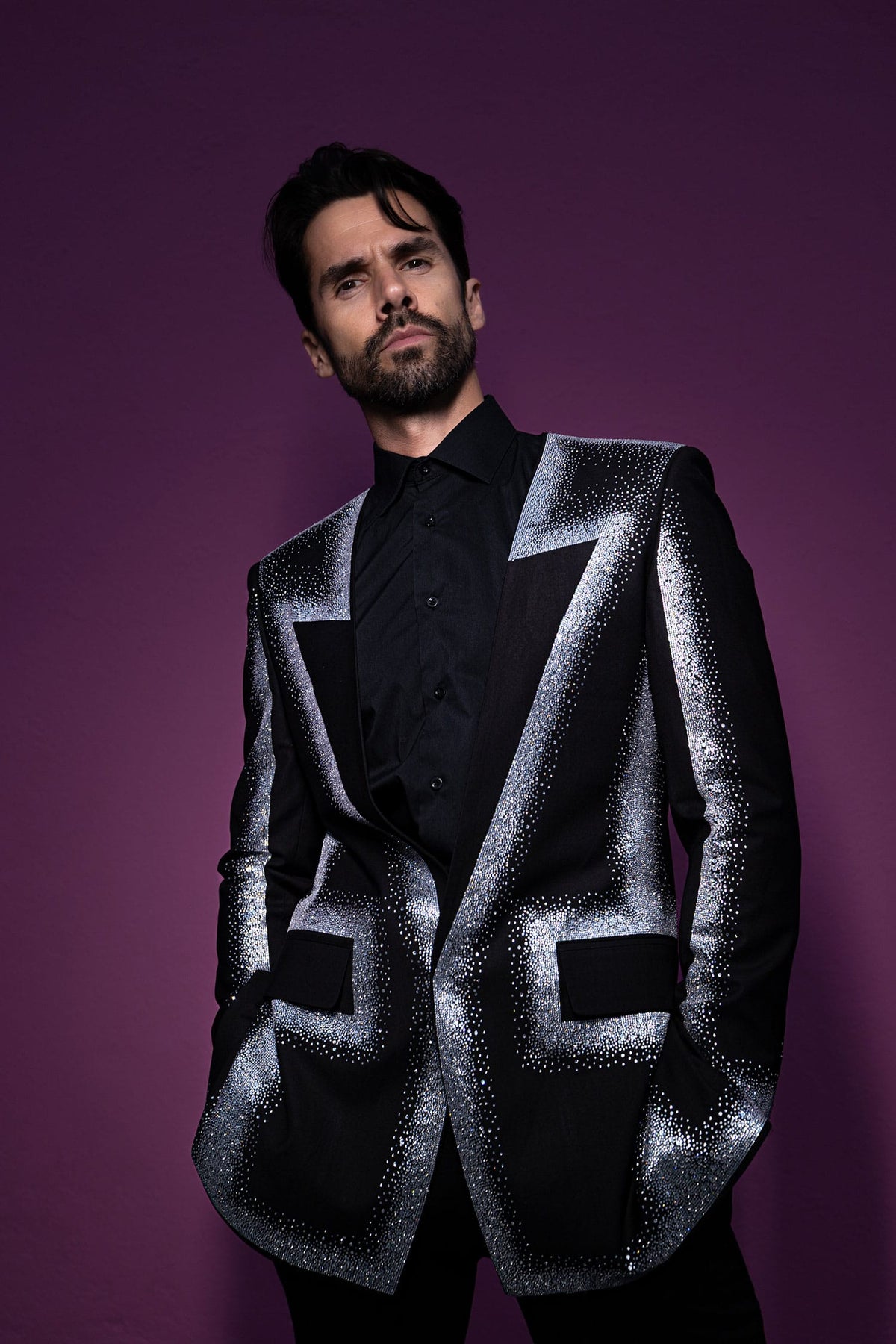 Barabas Men's Rhinestone Design Luxury Prom Collarless Blazer 5BL03 Black Silver