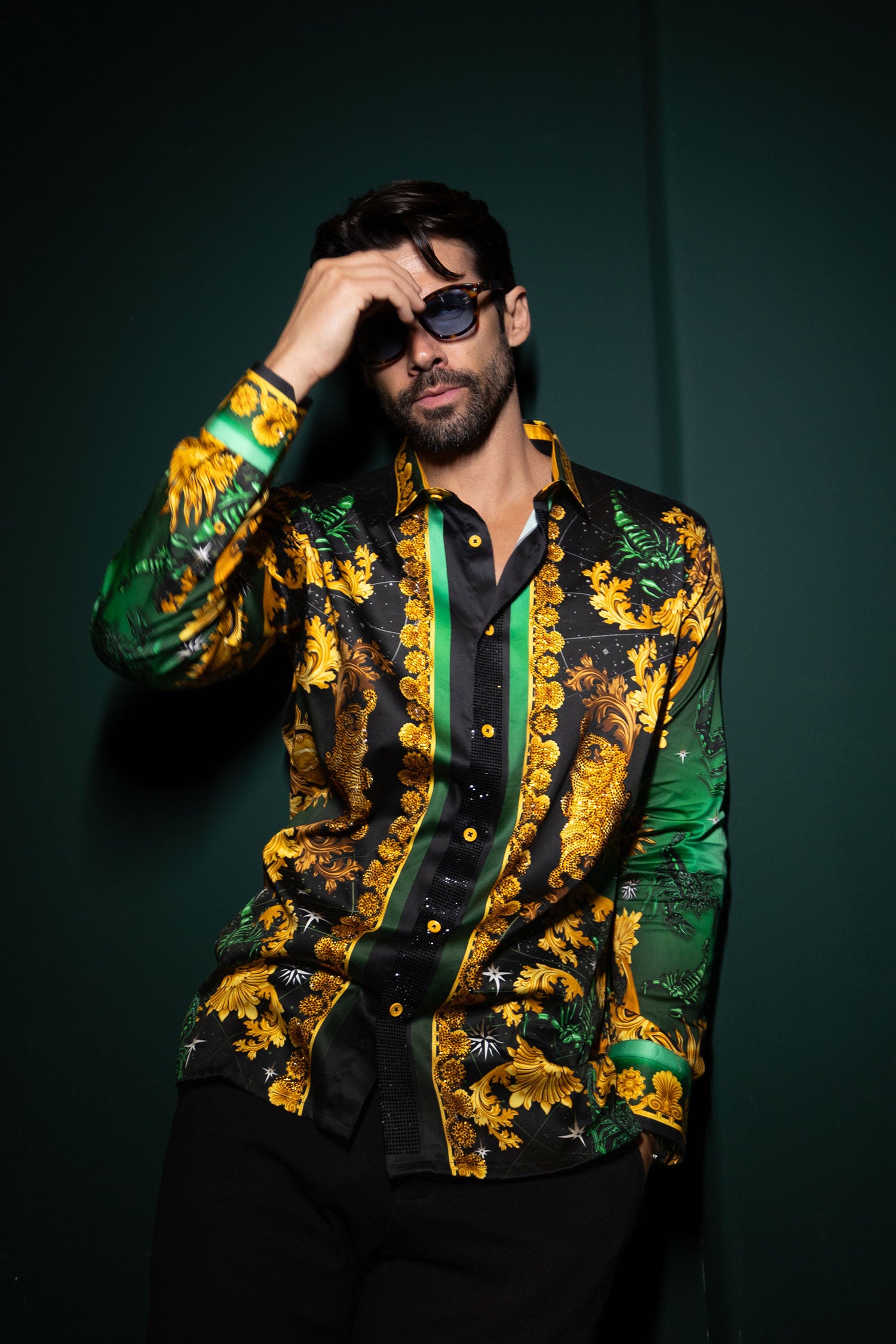 BARABAS Men's Rhinestone Scorpion Long Sleeve Shirts 3SPR432 Green