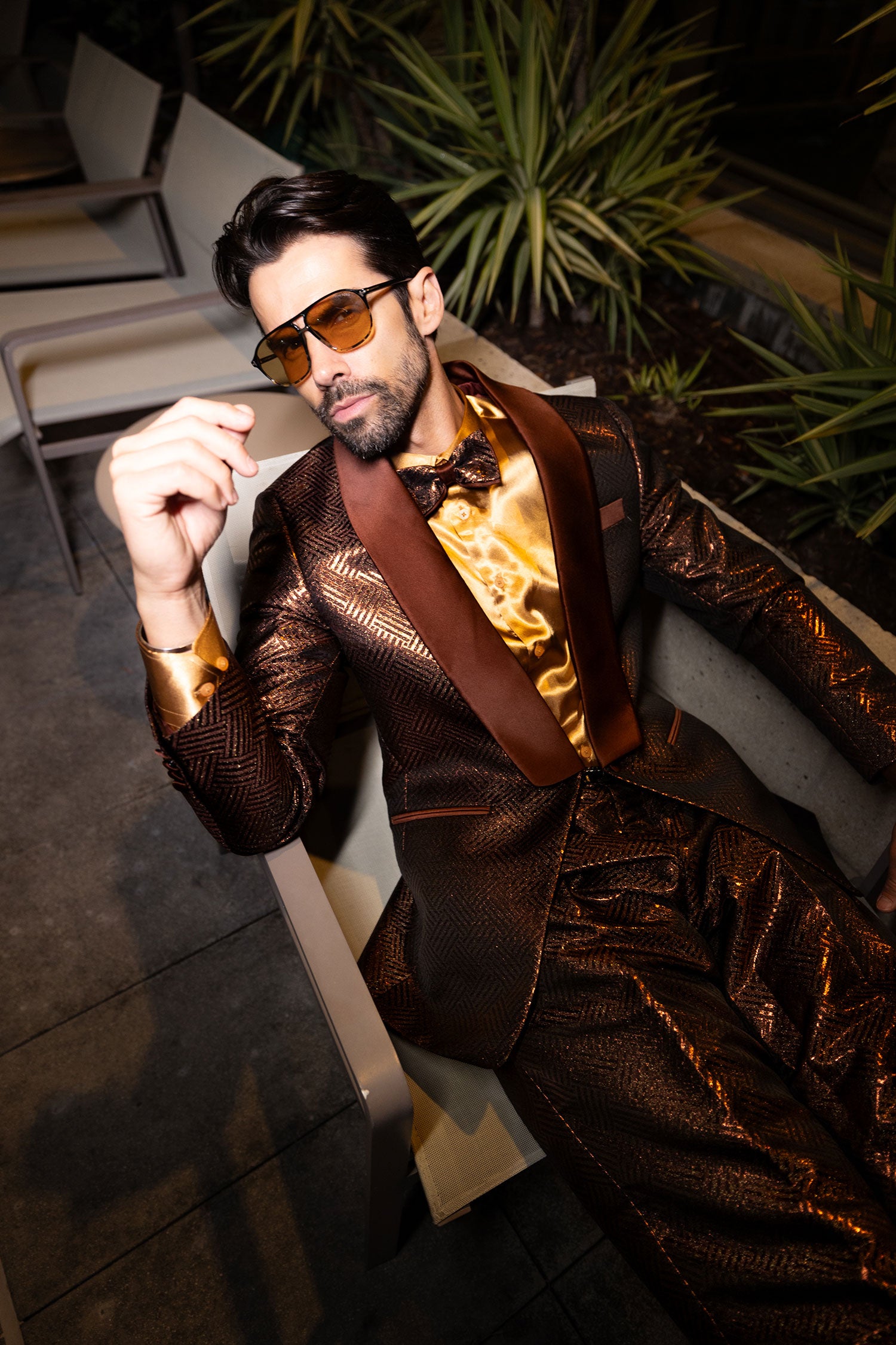 Barabas Men's Shiny Geometric Shawl Lapel Suit Baggy pants 4SU31 Brown