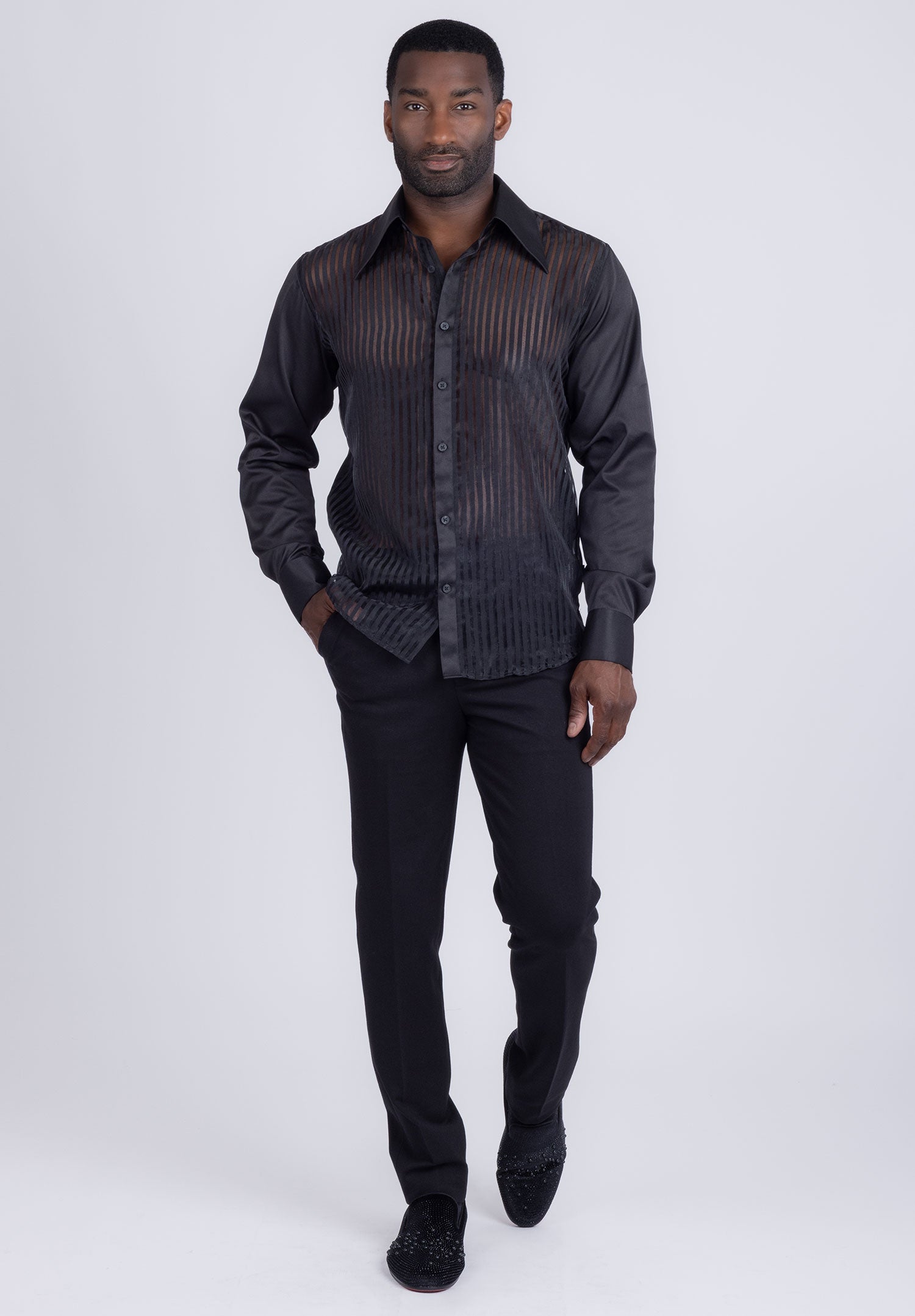 Barabas Men's See Through Geometric Shiny Long Sleeve Shirts 5B01 Black