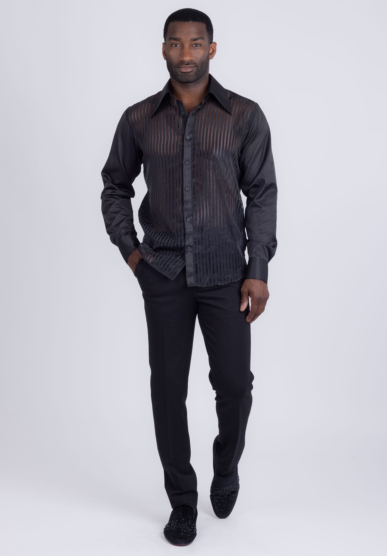 Barabas Men's See Through Geometric Shiny Long Sleeve Shirts 5B01 Black