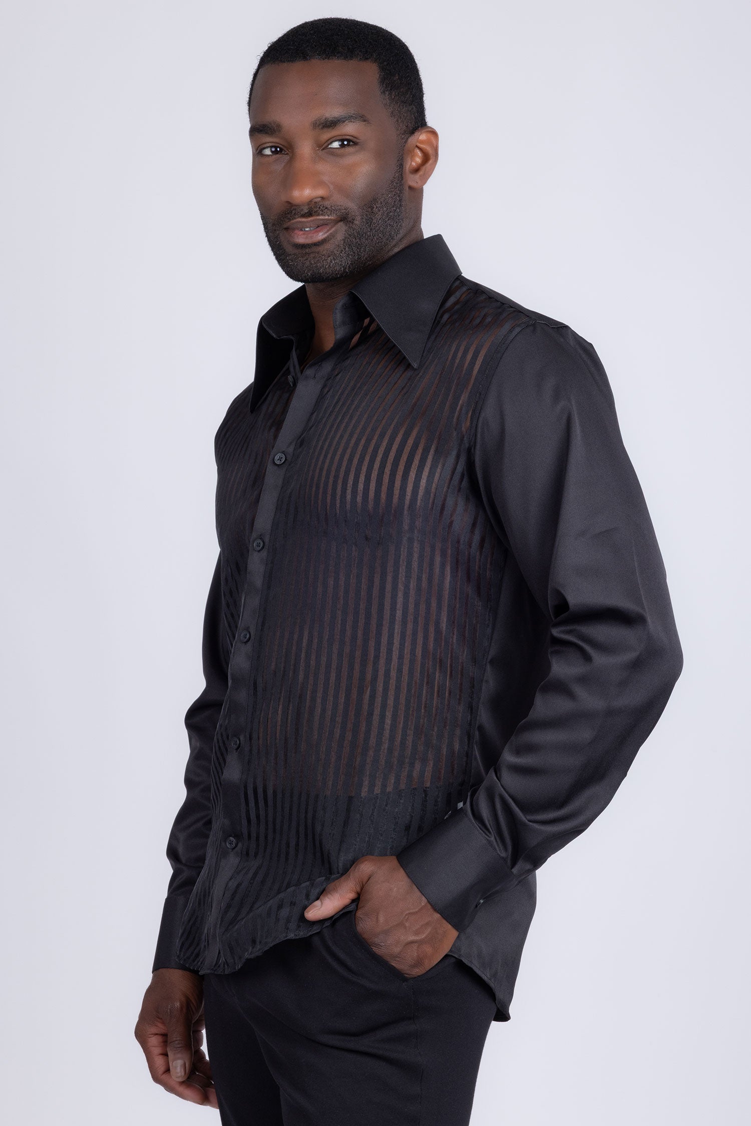 Barabas Men's See Through Geometric Shiny Long Sleeve Shirts 5B01 Black