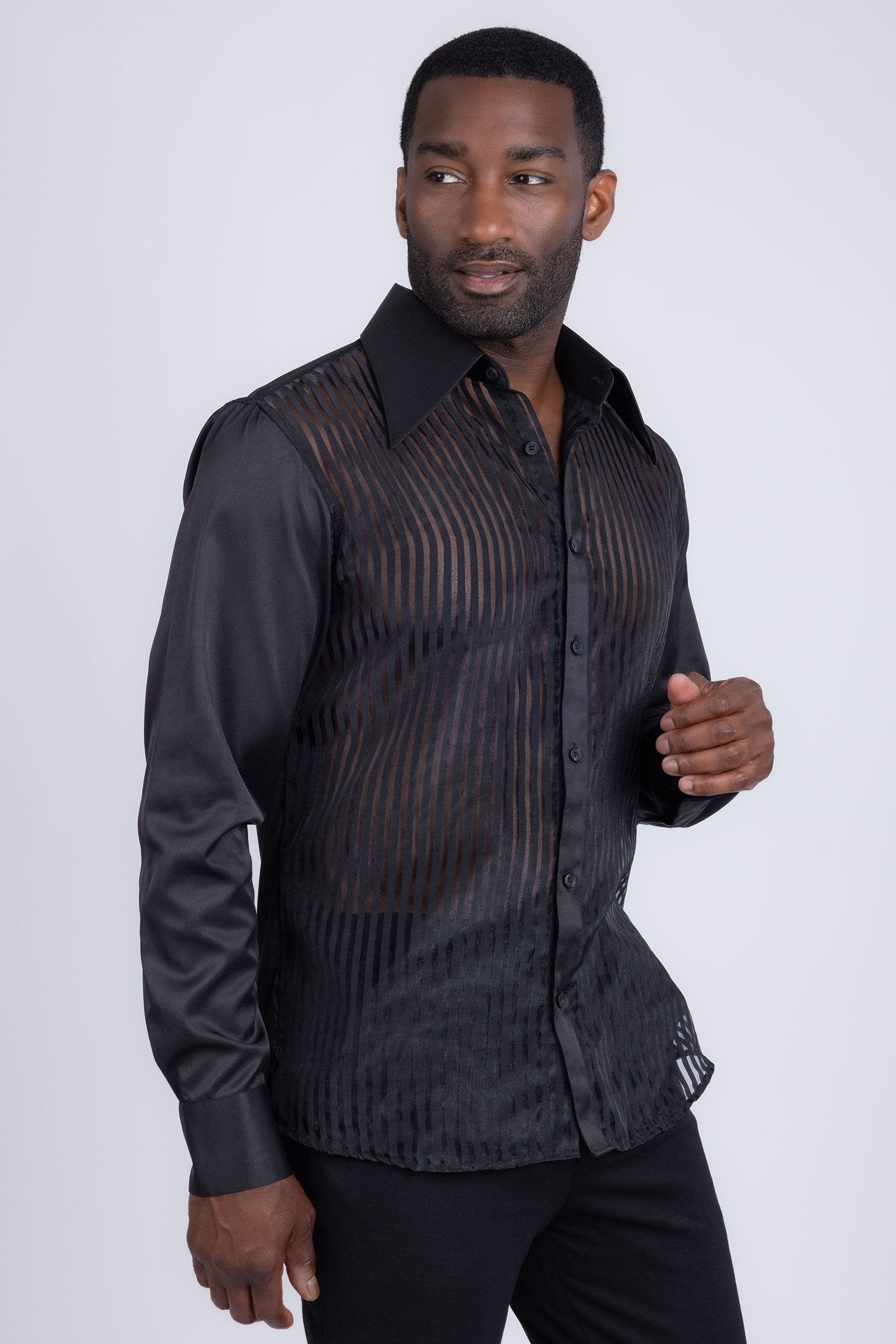 Barabas Men's See Through Geometric Shiny Long Sleeve Shirts 5B01 Black