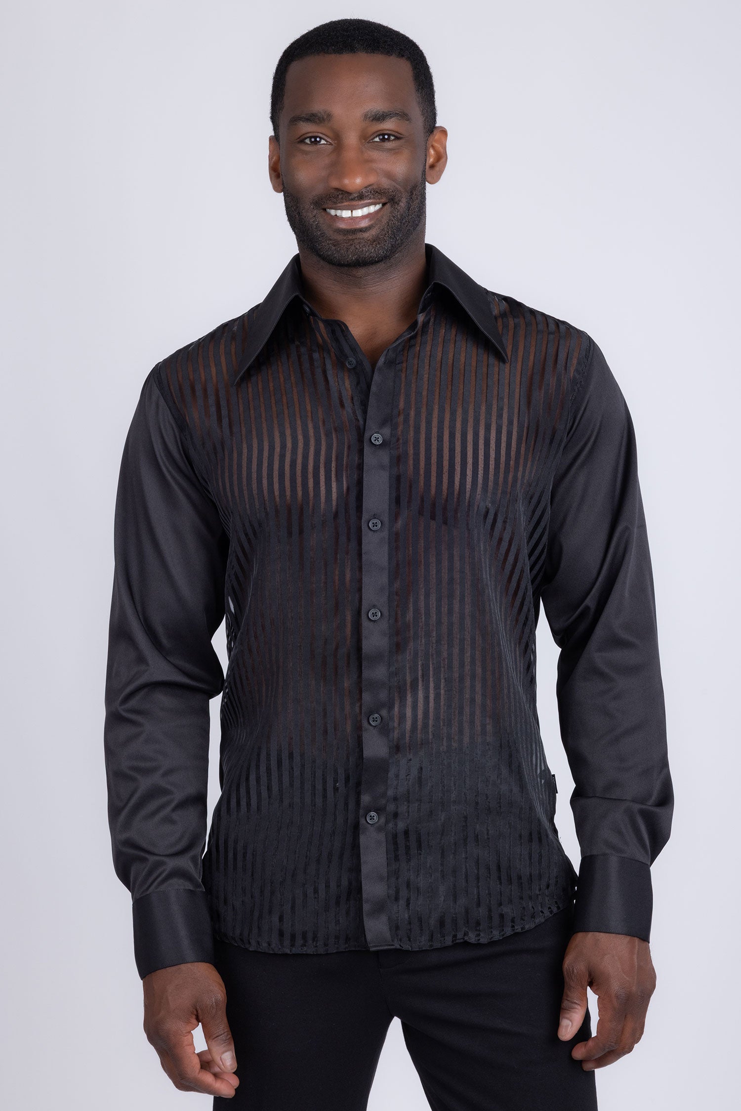 Barabas Men's See Through Geometric Shiny Long Sleeve Shirts 5B01 Black