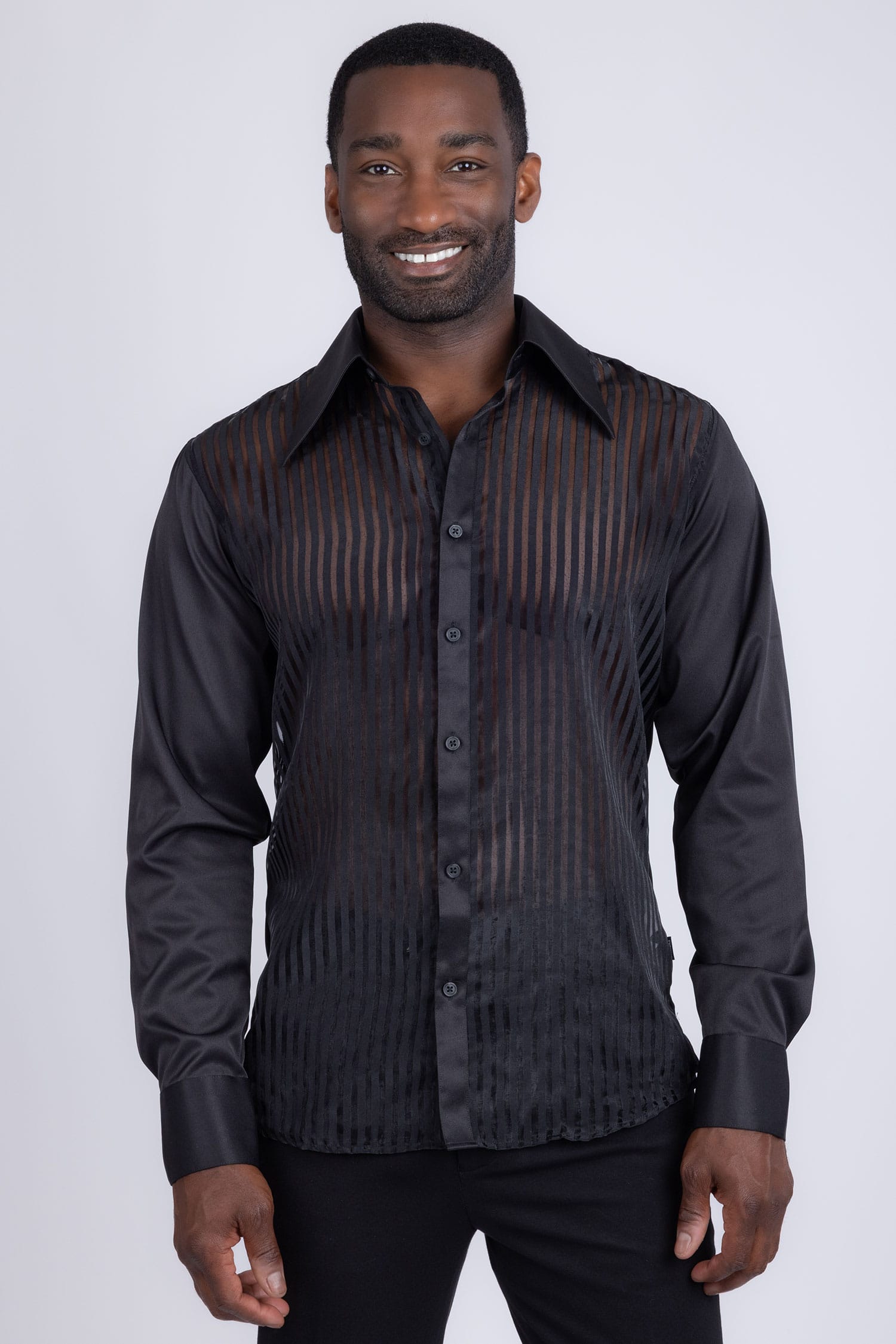 Barabas Men's See Through Geometric Shiny Long Sleeve Shirts 5B01 Black
