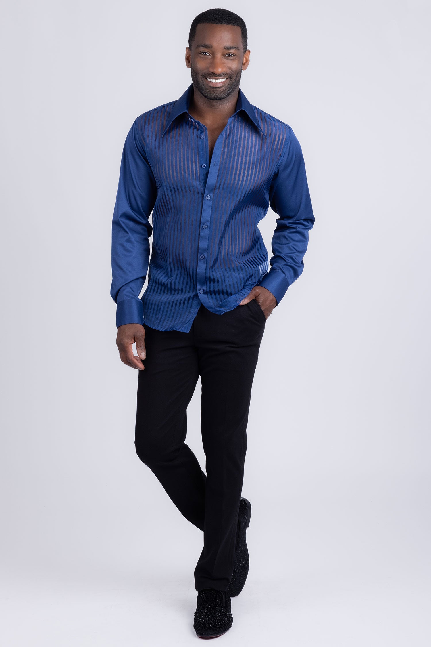 Barabas Men's See Through Geometric Shiny Long Sleeve Shirts 5B01 Blue