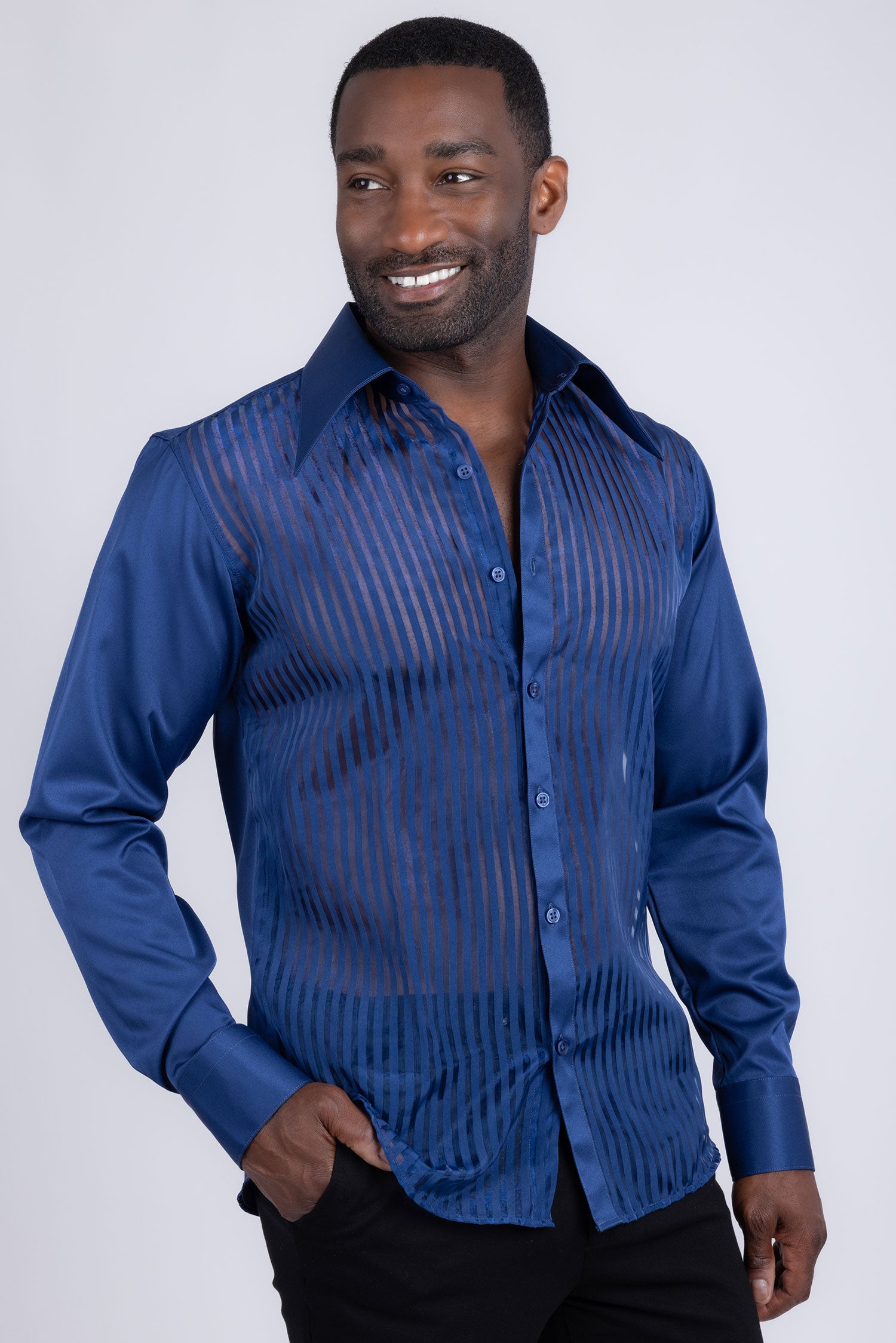 Barabas Men's See Through Geometric Shiny Long Sleeve Shirts 5B01 Blue