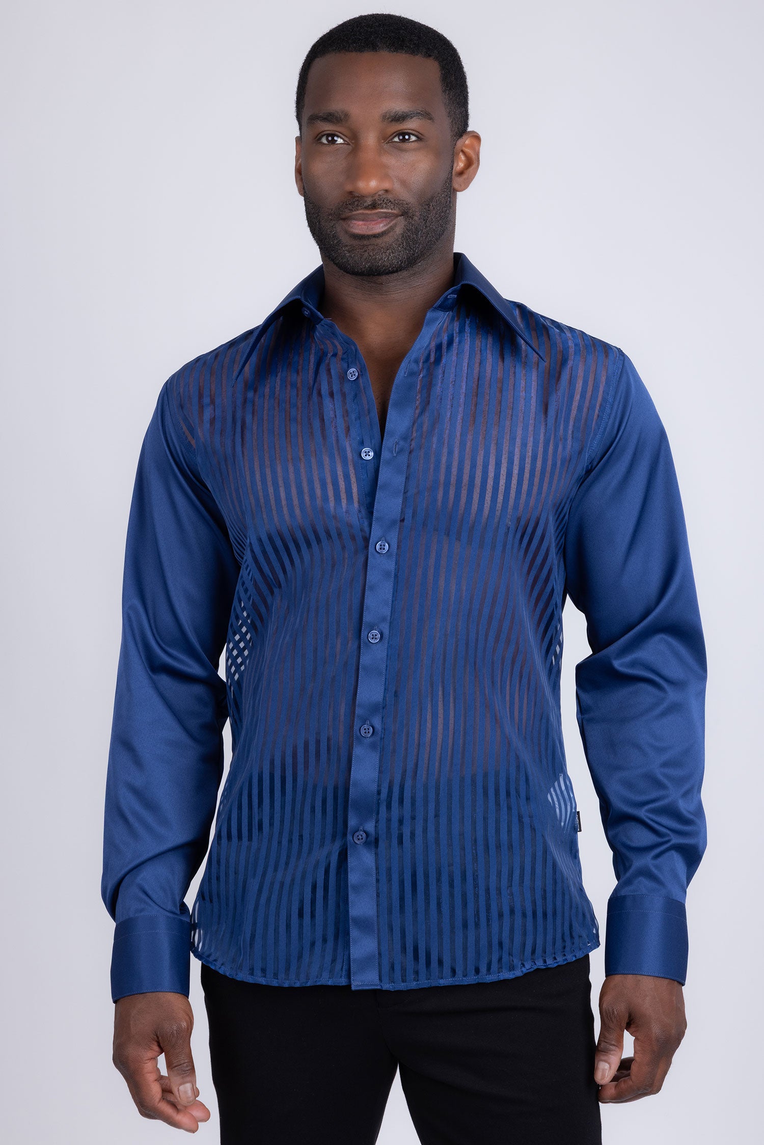 Barabas Men's See Through Geometric Shiny Long Sleeve Shirts 5B01 Navy