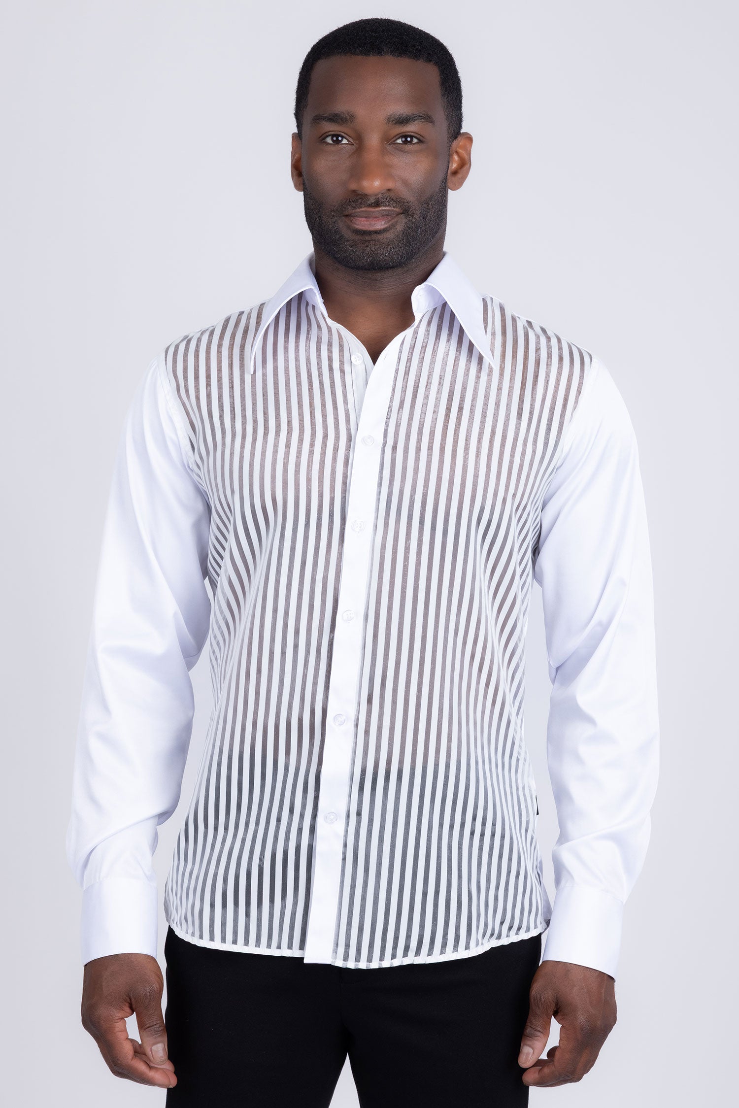 Barabas Men's See Through Geometric Shiny Long Sleeve Shirts 5B01 White