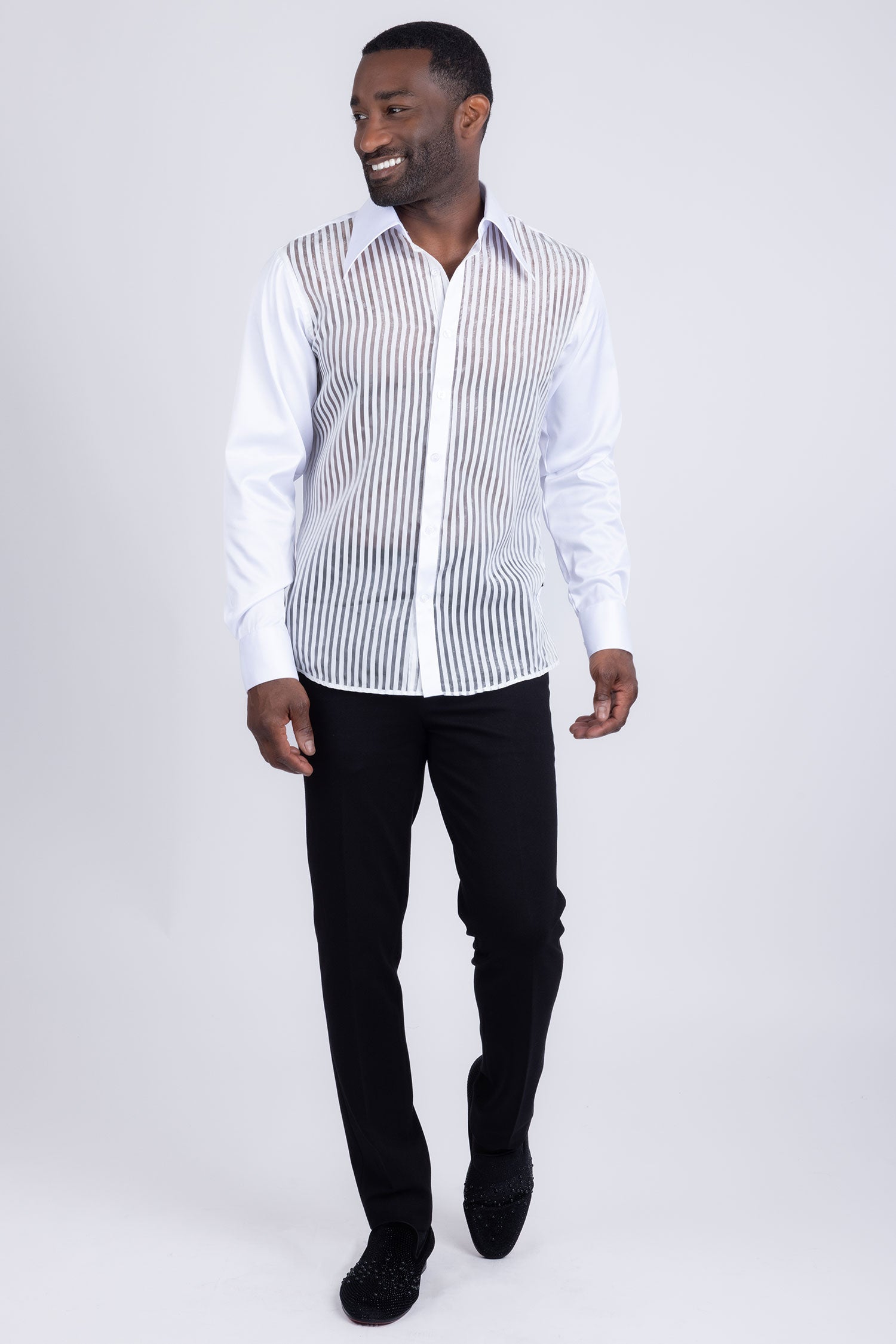 Barabas Men's See Through Geometric Shiny Long Sleeve Shirts 5B01 White