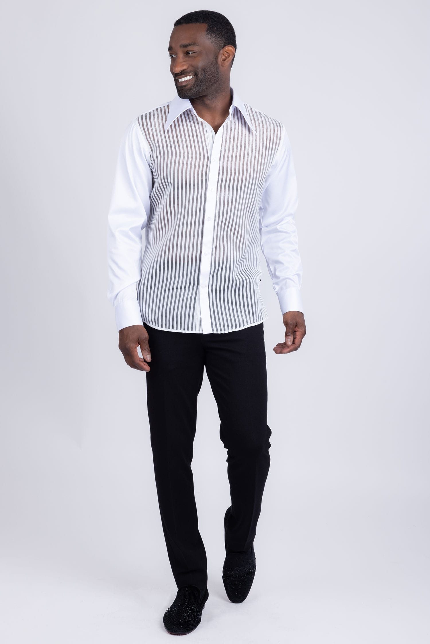 Barabas Men's See Through Geometric Shiny Long Sleeve Shirts 5B01 White