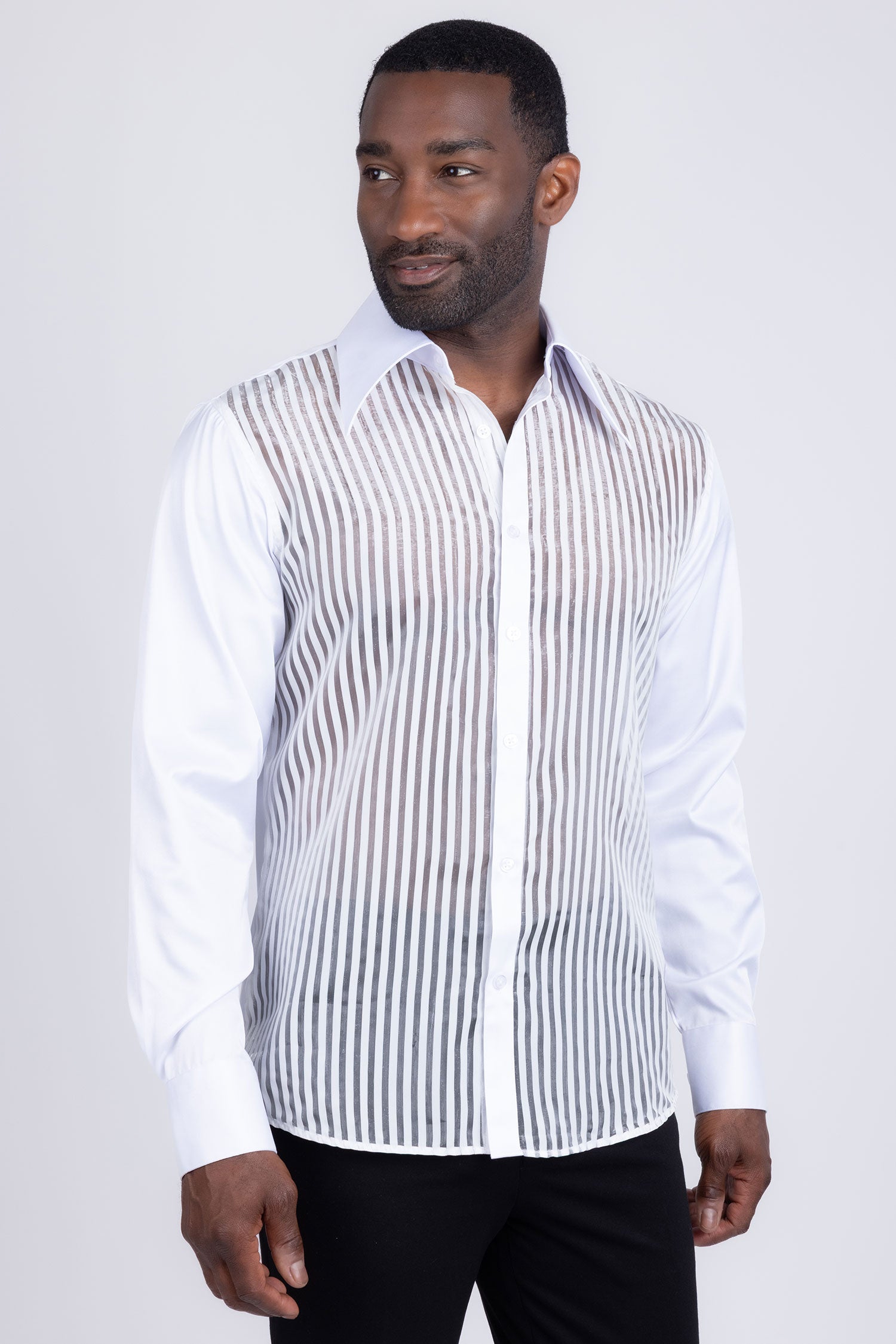 Barabas Men's See Through Geometric Shiny Long Sleeve Shirts 5B01 White