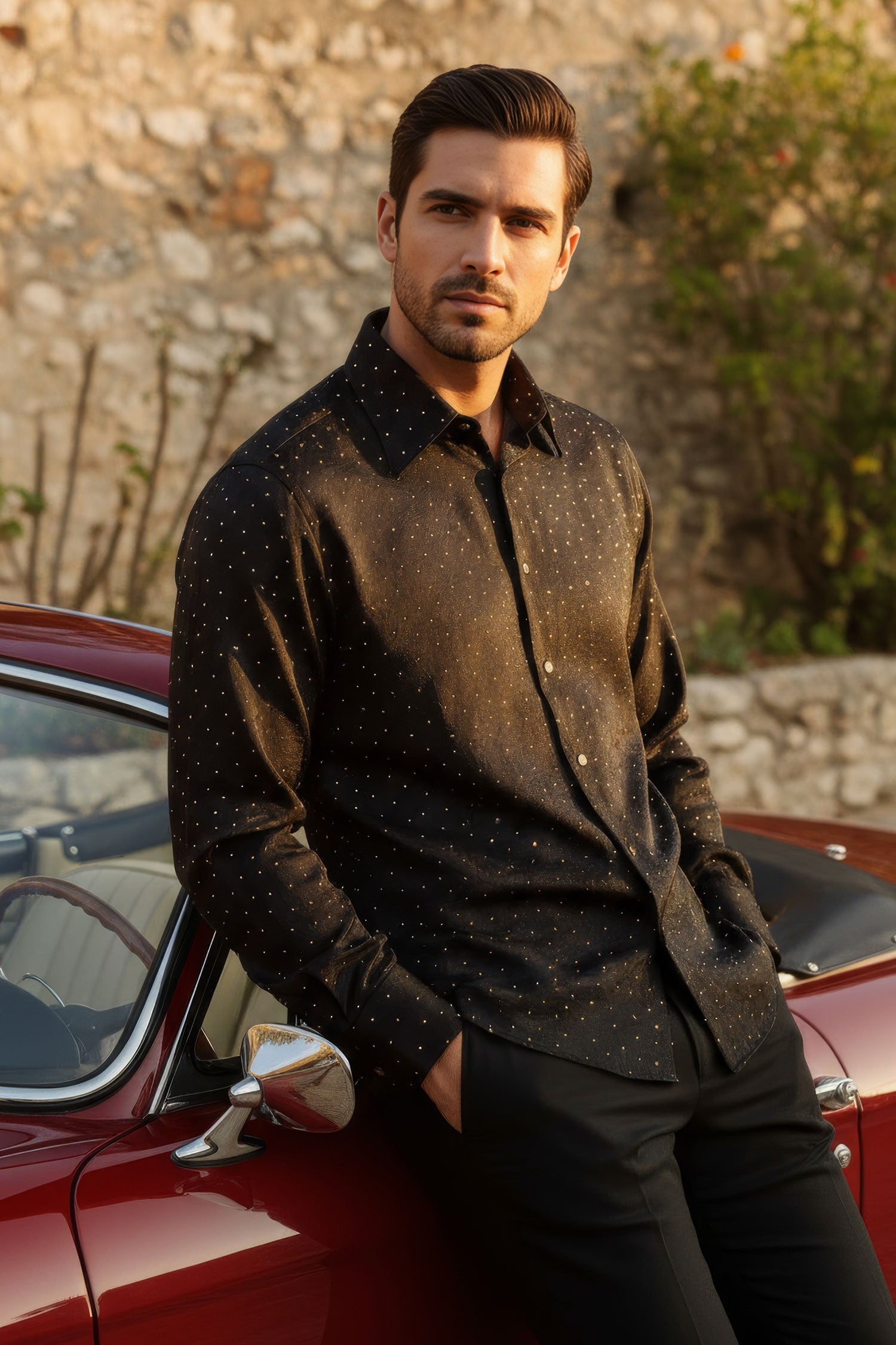 Barabas Men's Rhinestones Textured Long Sleeve Shirts 5B12 Black Gold