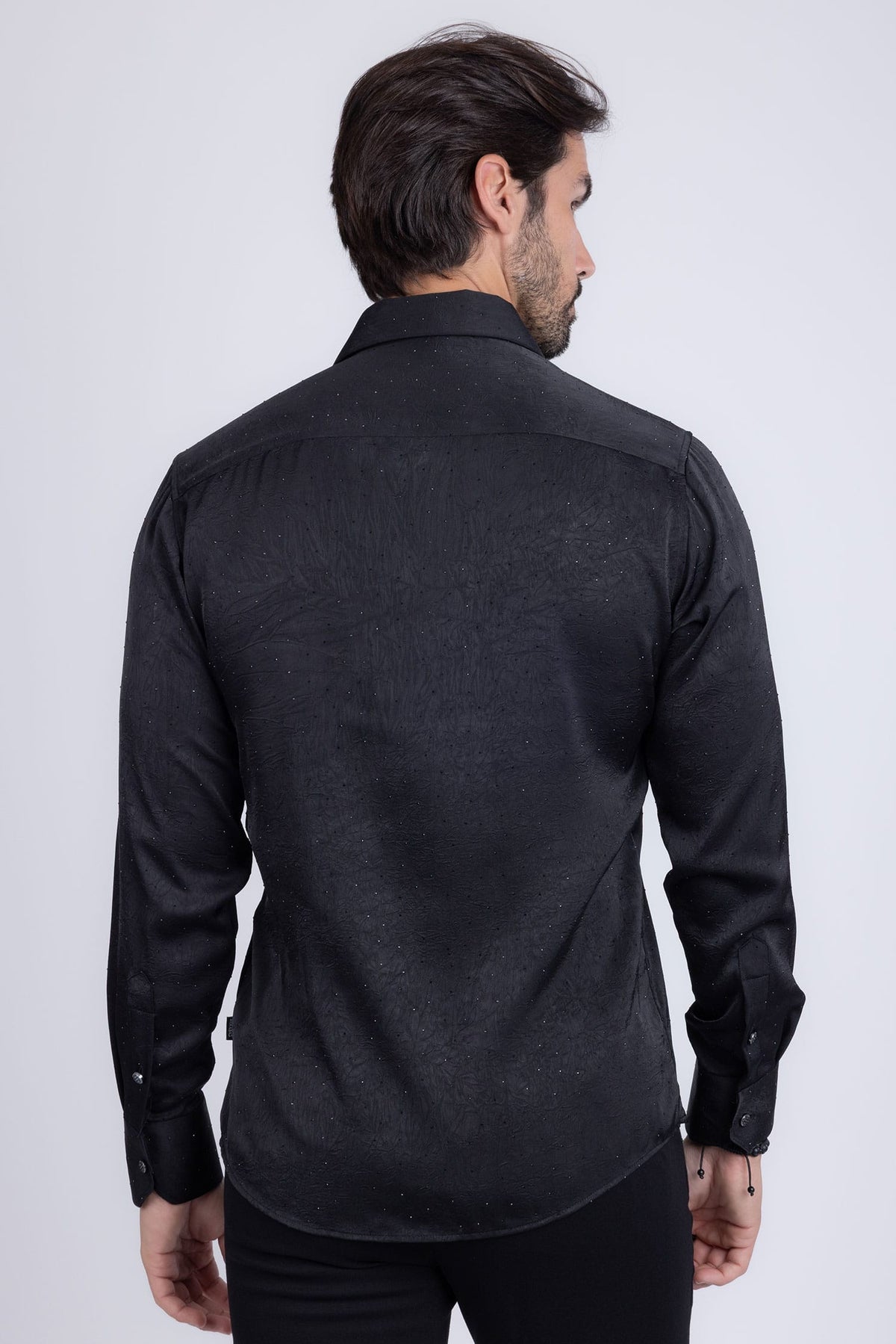Barabas Men's Rhinestones Textured Long Sleeve Shirts 5B12 #Color_Black Black