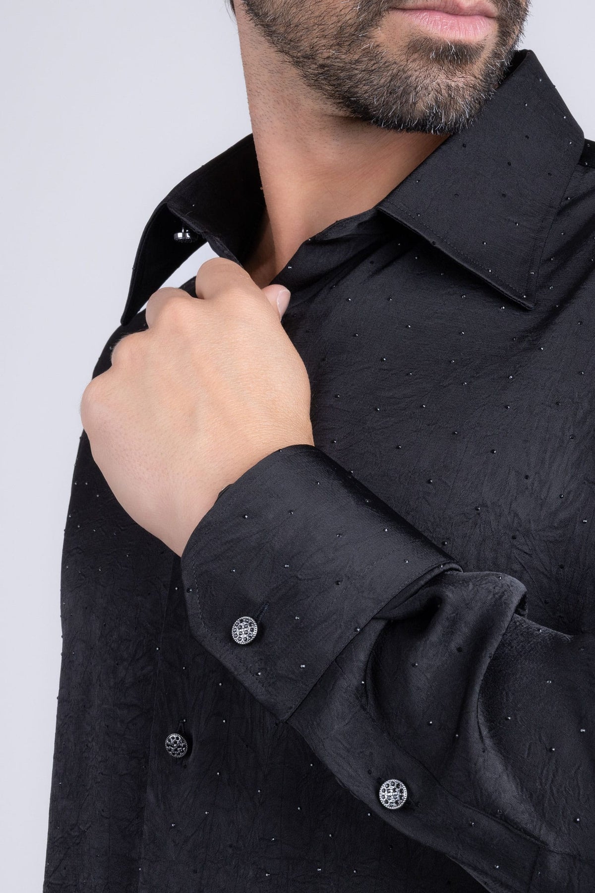 Barabas Men's Rhinestones Textured Long Sleeve Shirts 5B12 #Color_Black Black