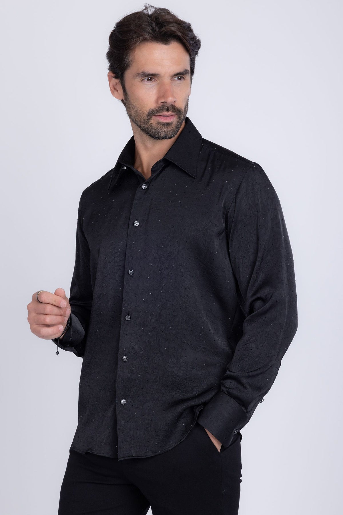 Barabas Men's Rhinestones Textured Long Sleeve Shirts 5B12 #Color_Black Black