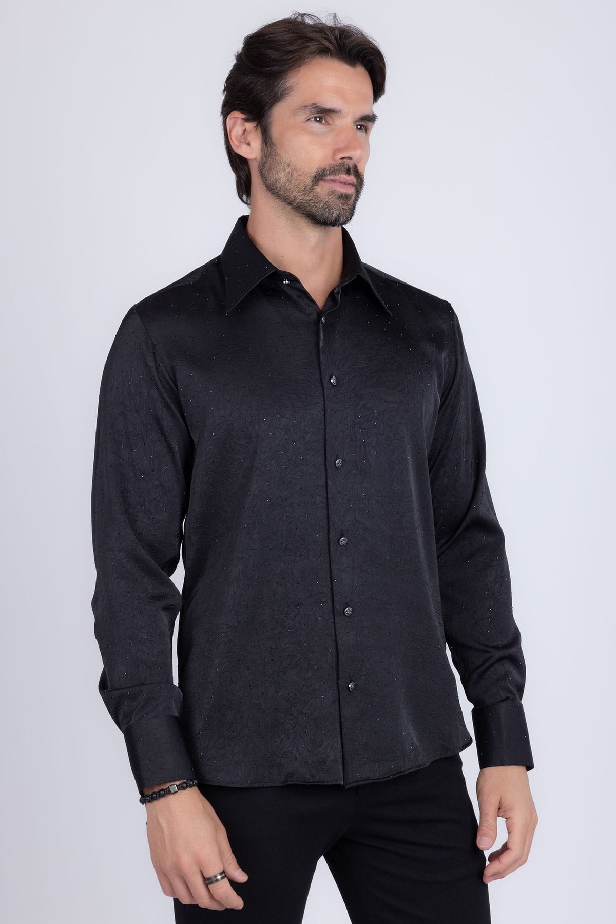 Barabas Men's Rhinestones Textured Long Sleeve Shirts 5B12 #Color_Black Black