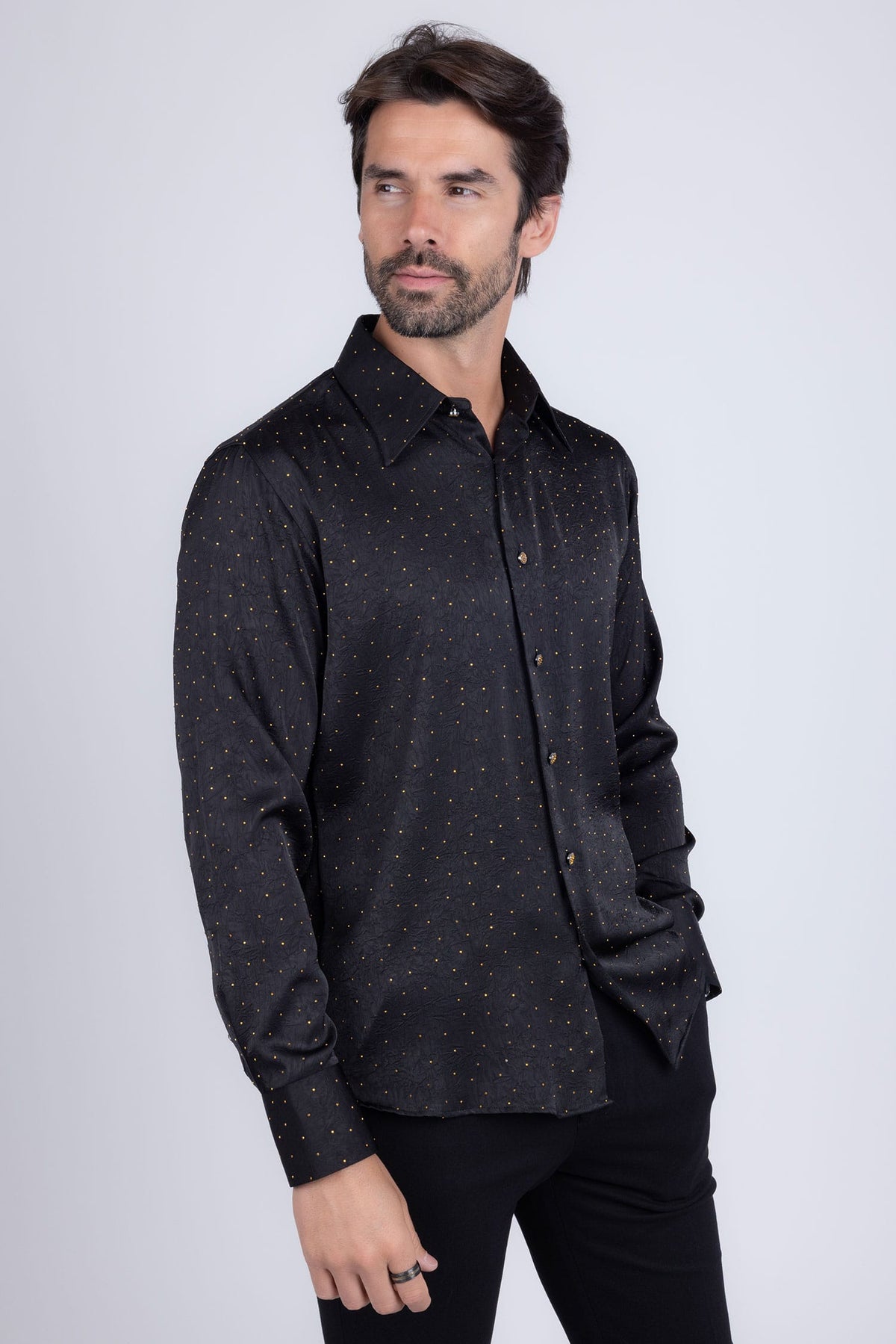 Barabas Men's Rhinestones Textured Long Sleeve Shirts 5B12 #Color_Black Gold
