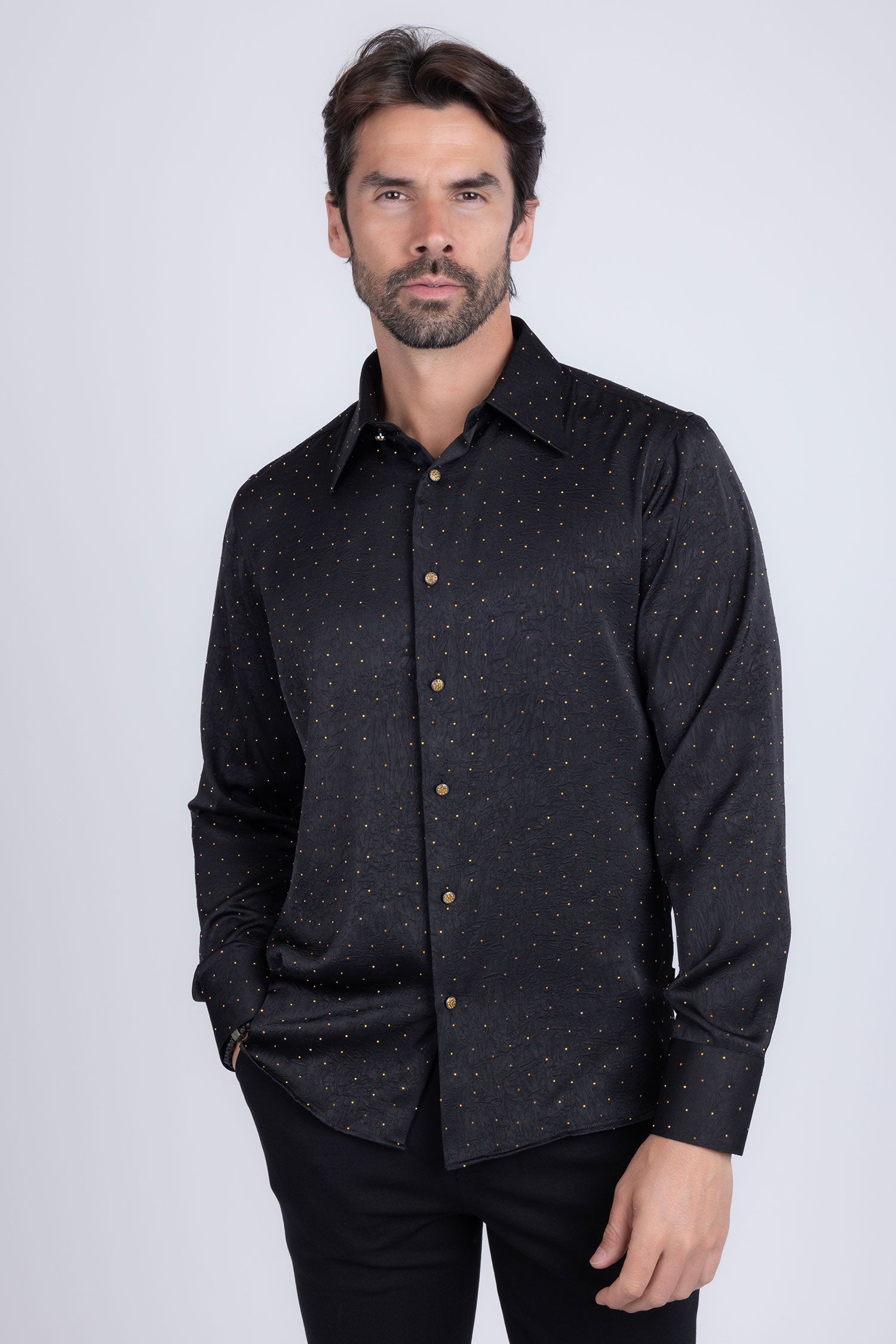 Barabas Men's Rhinestones Textured Long Sleeve Shirts 5B12 Black Gold