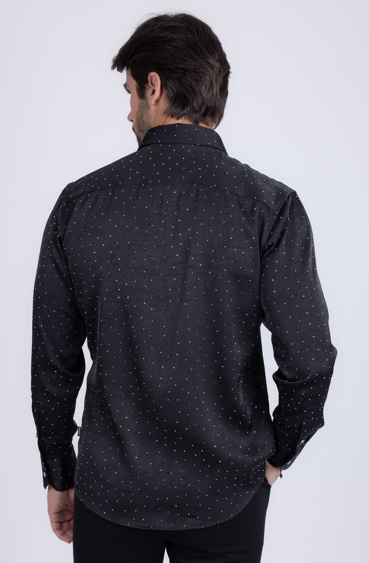 Barabas Men's Rhinestones Textured Long Sleeve Shirts 5B12 #Color_Black Silver
