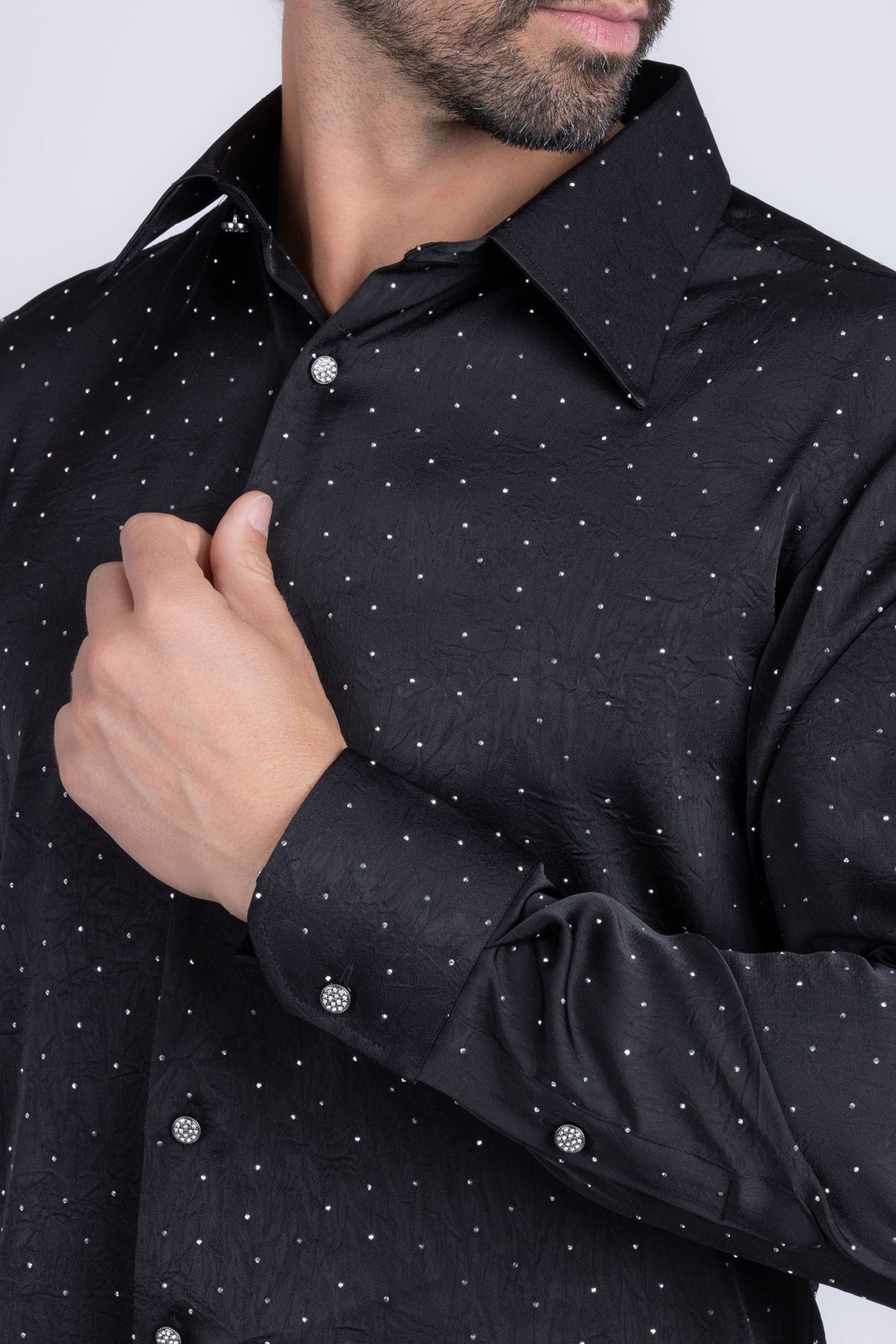 Barabas Men's Rhinestones Textured Long Sleeve Shirts 5B12 #Color_Black Silver