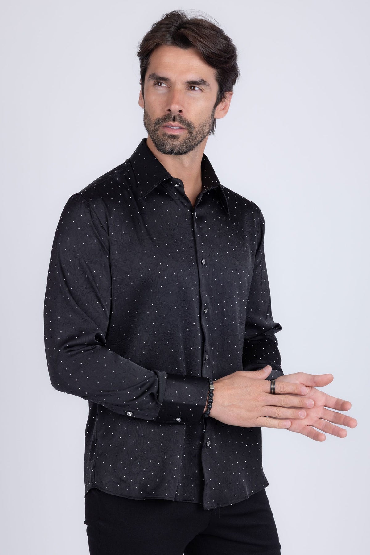 Barabas Men's Rhinestones Textured Long Sleeve Shirts 5B12 #Color_Black Silver