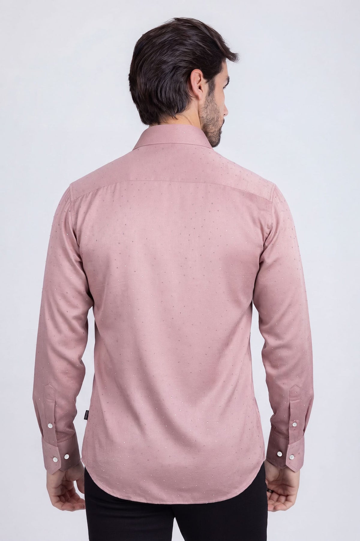 Barabas Men's Rhinestones Textured Long Sleeve Shirts 5B12 #Color_Dusty Pink Silver