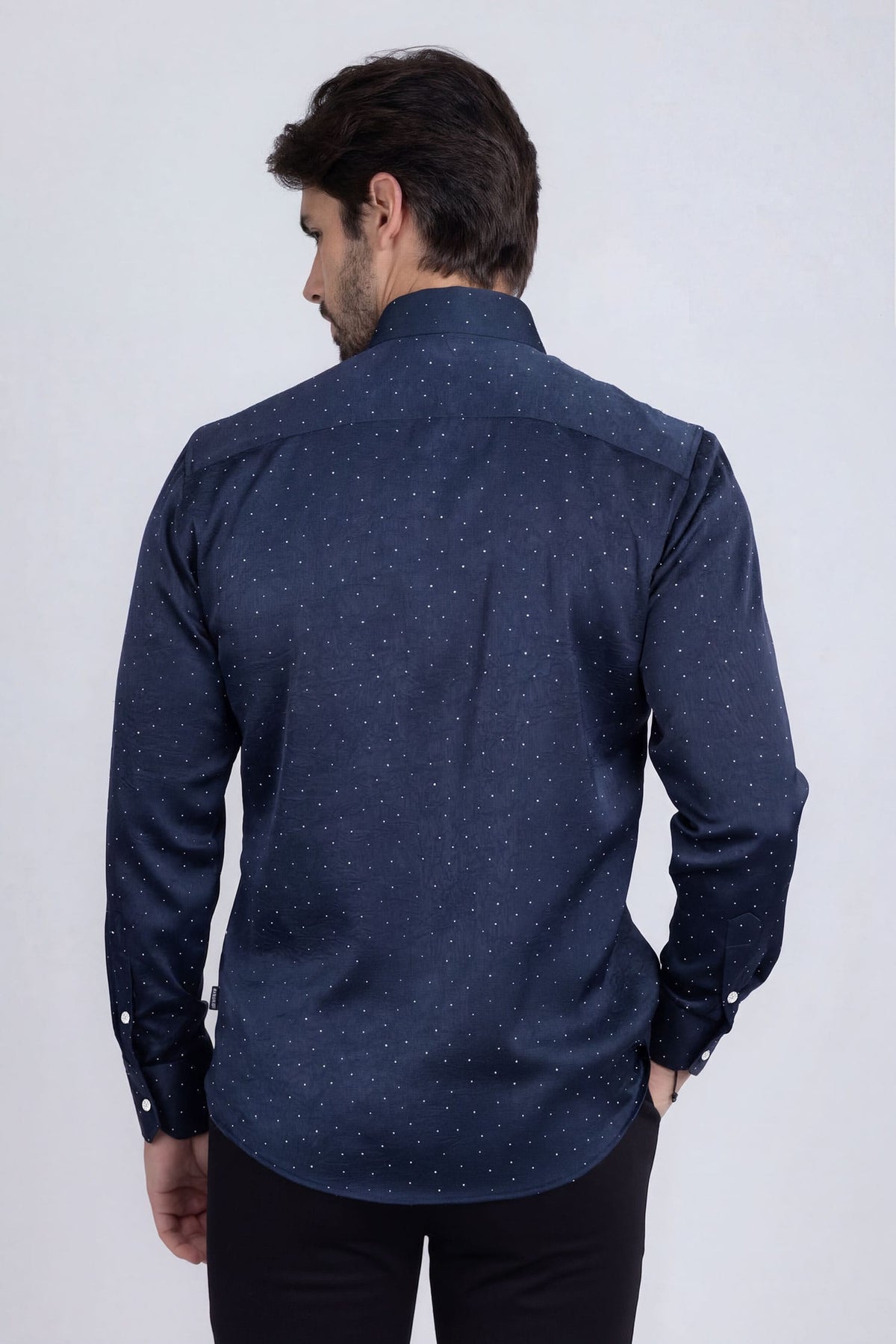 Barabas Men's Rhinestones Textured Long Sleeve Shirts 5B12 #Color_Navy Silver