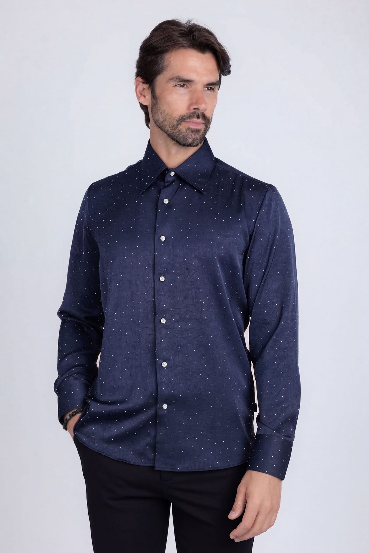 Barabas Men's Rhinestones Textured Long Sleeve Shirts 5B12 #Color_Navy Silver