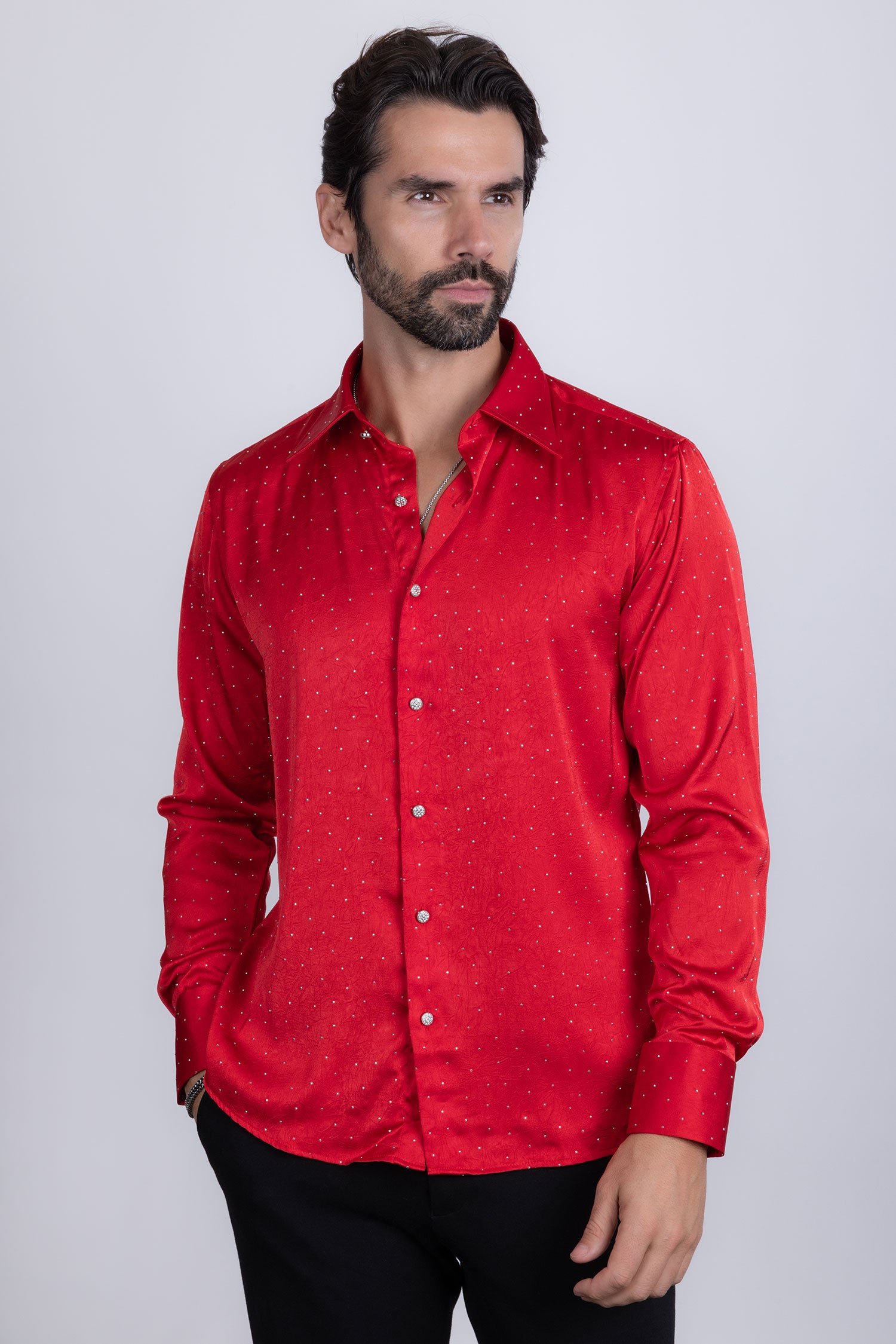 Barabas Men's Rhinestones Textured Long Sleeve Shirts 5B12 Red Silver