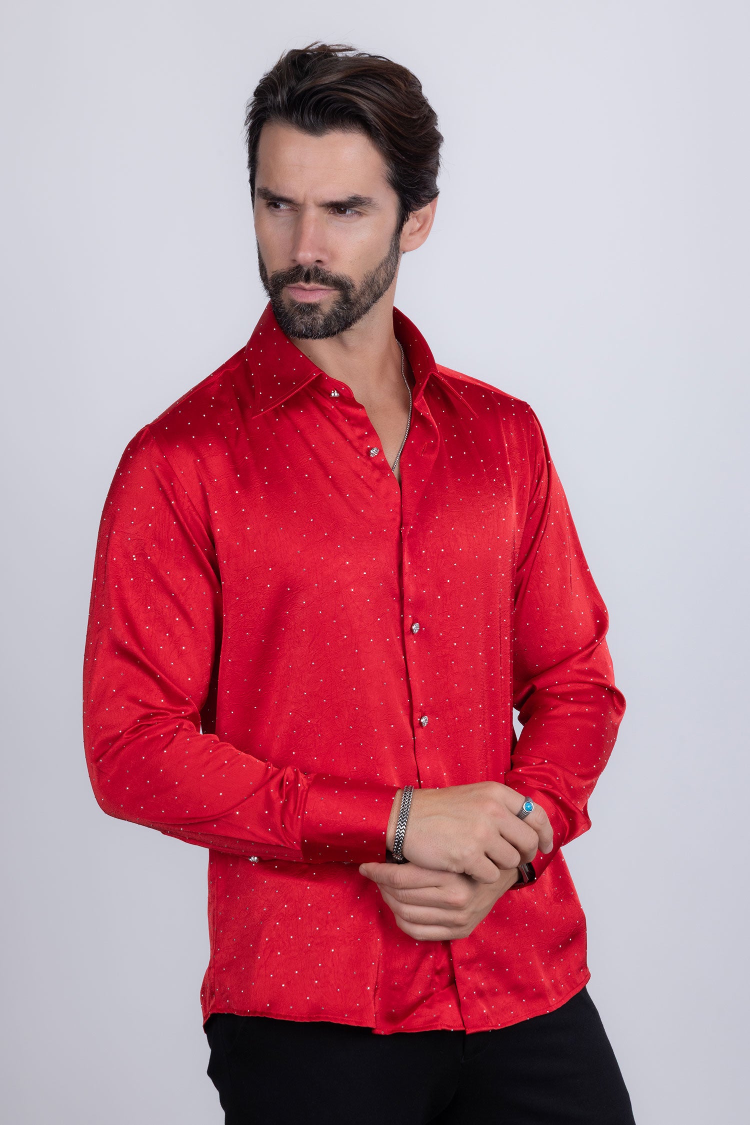 Barabas Men's Rhinestones Textured Long Sleeve Shirts 5B12 Red Silver