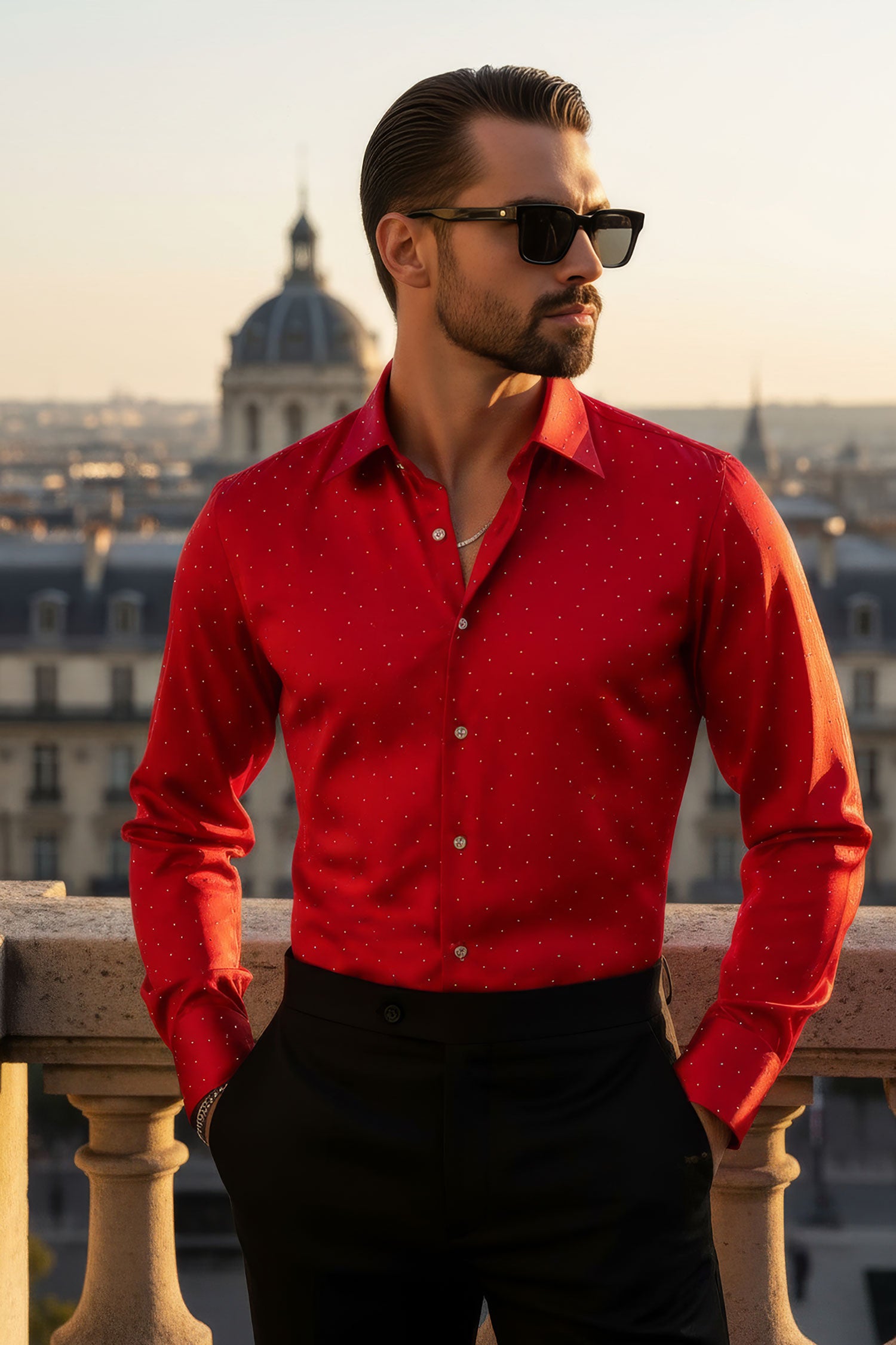 Barabas Men's Rhinestones Textured Long Sleeve Shirts 5B12 Red Silver