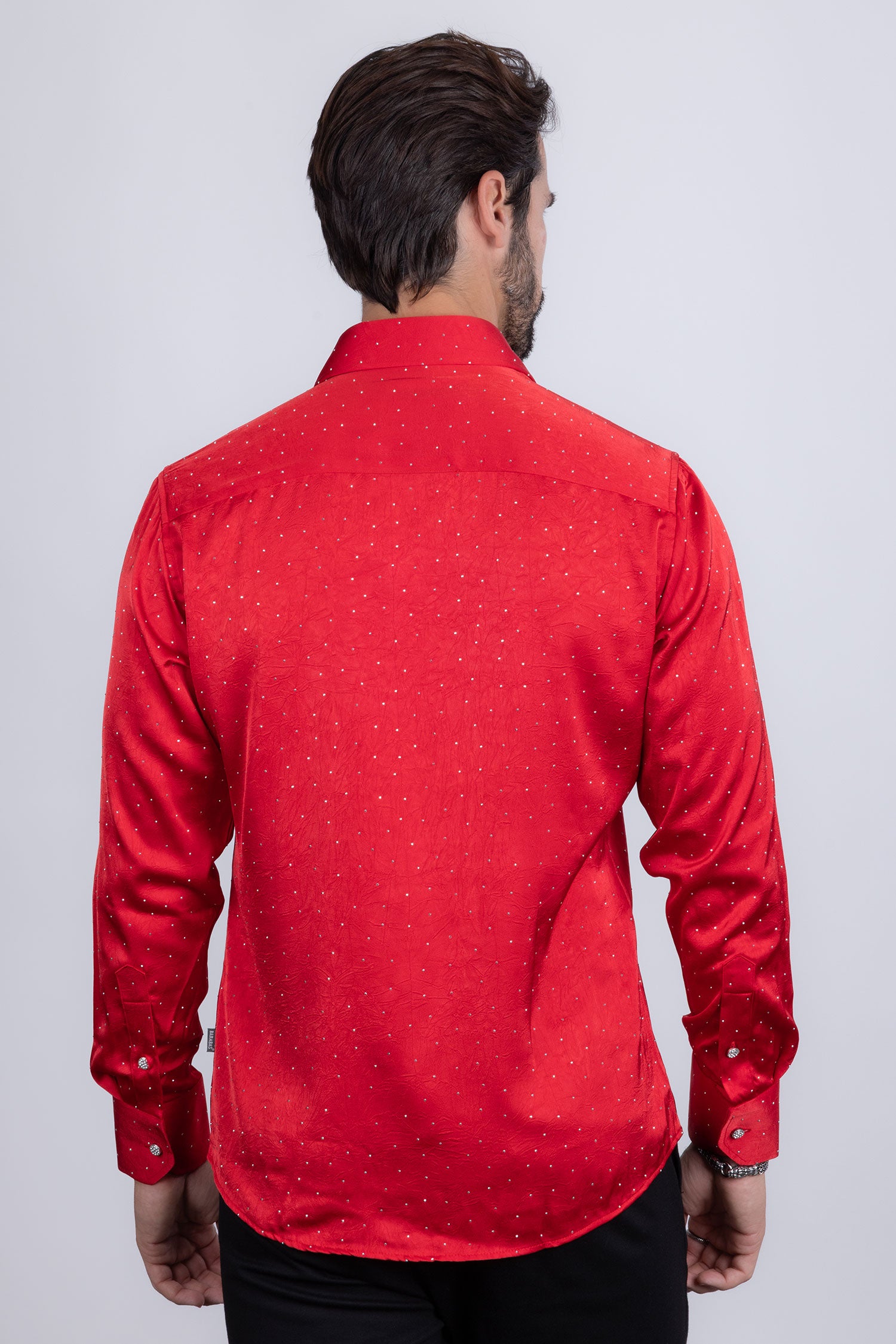 Barabas Men's Rhinestones Textured Long Sleeve Shirts 5B12 Red Silver