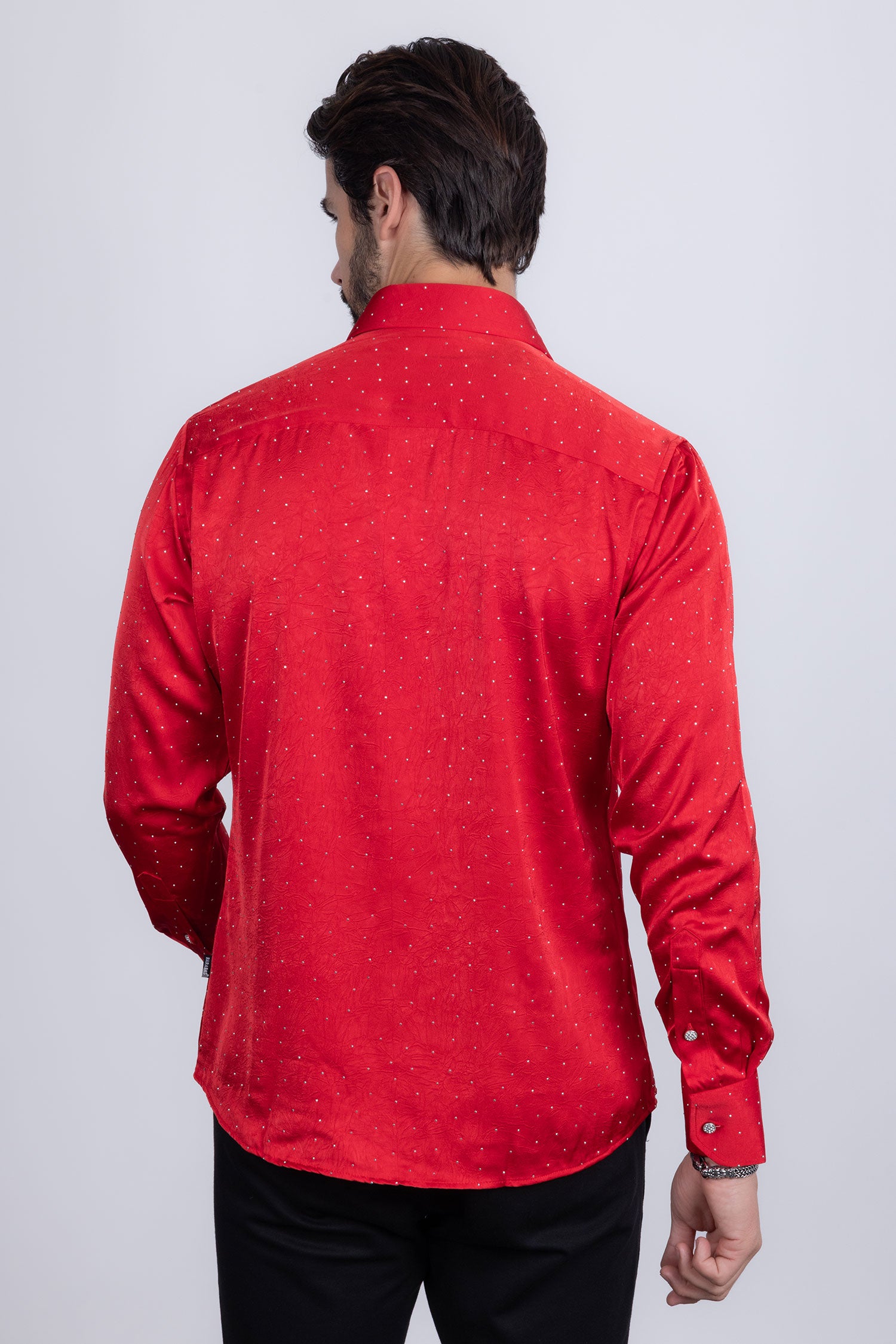Barabas Men's Rhinestones Textured Long Sleeve Shirts 5B12 Red Silver