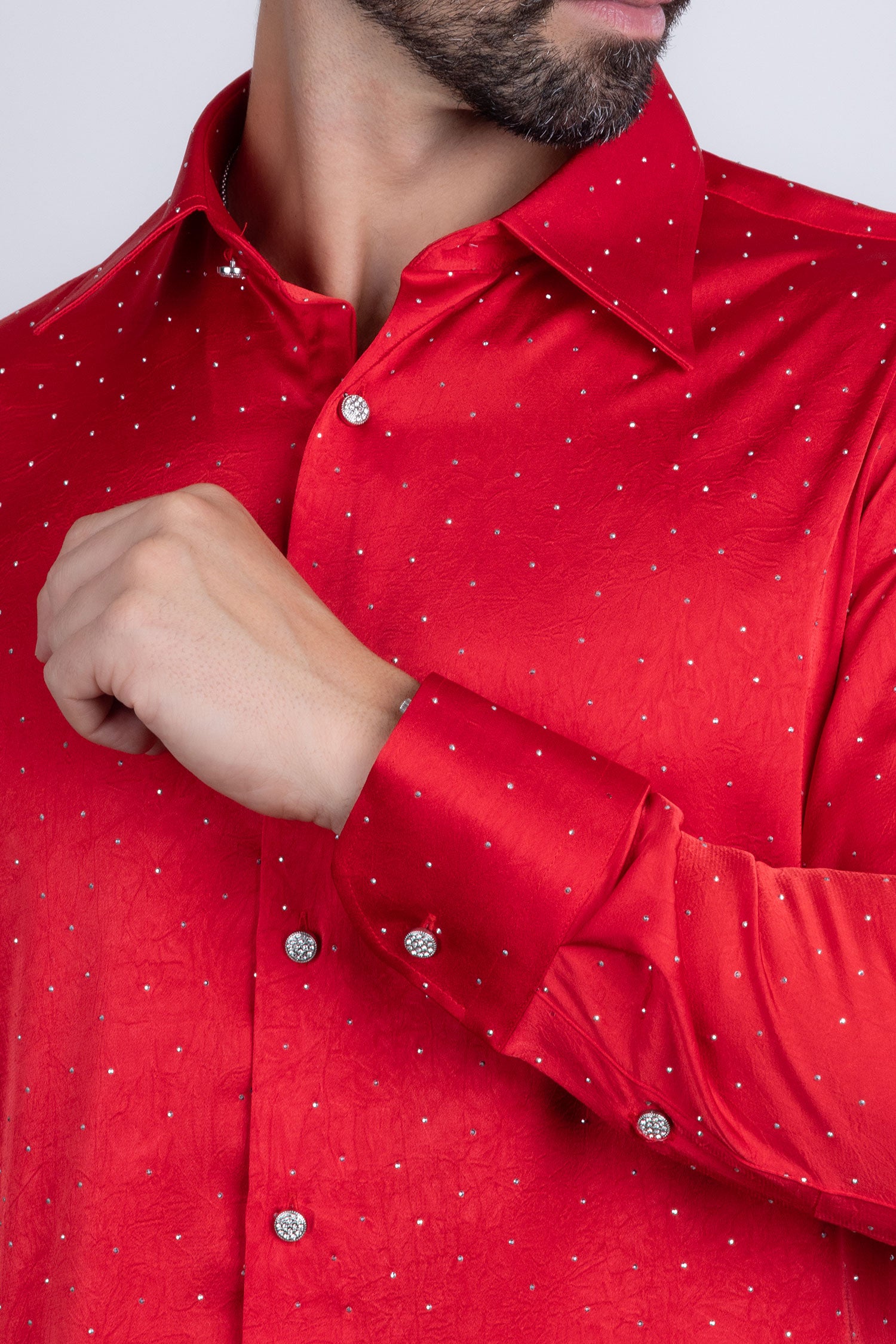 Barabas Men's Rhinestones Textured Long Sleeve Shirts 5B12 Red Silver
