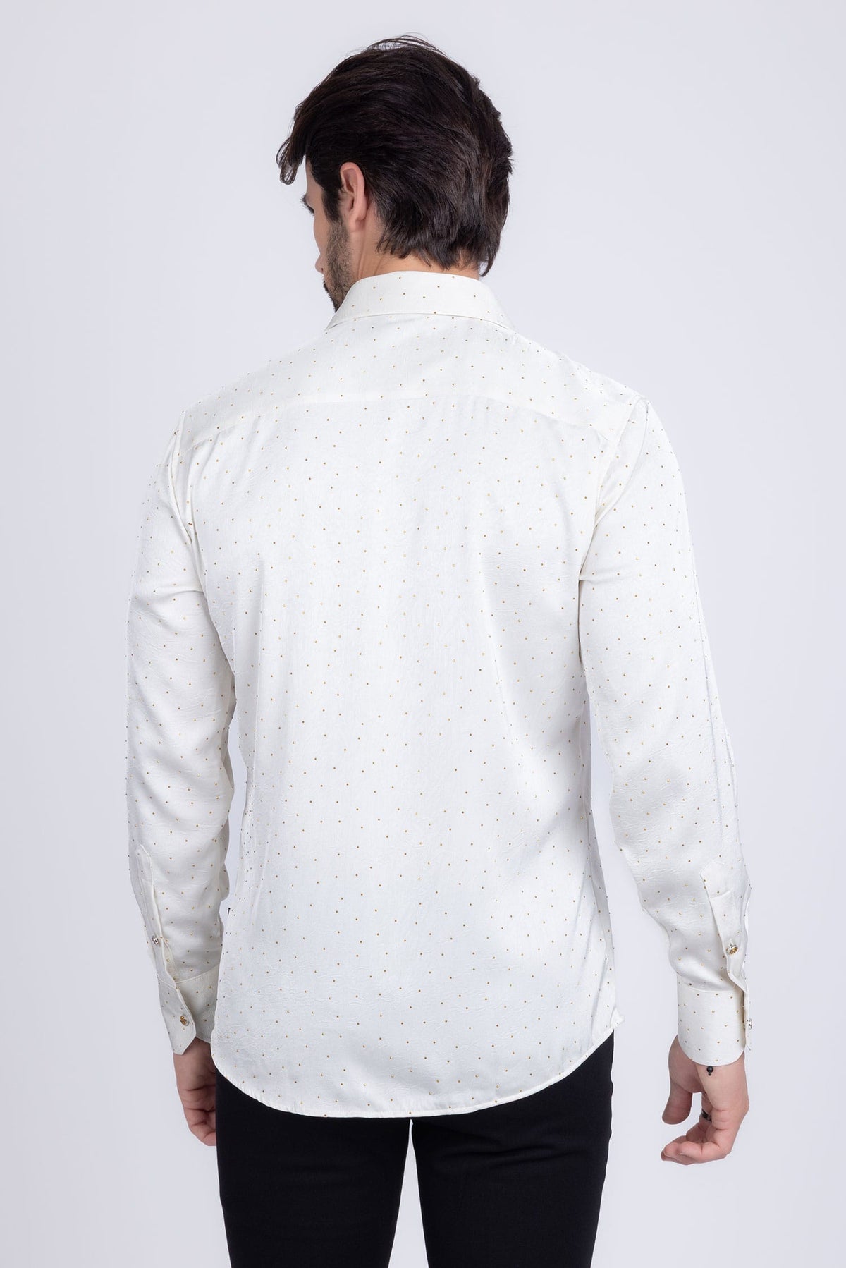 Barabas Men's Rhinestones Textured Long Sleeve Shirts 5B12 #Color_White Gold