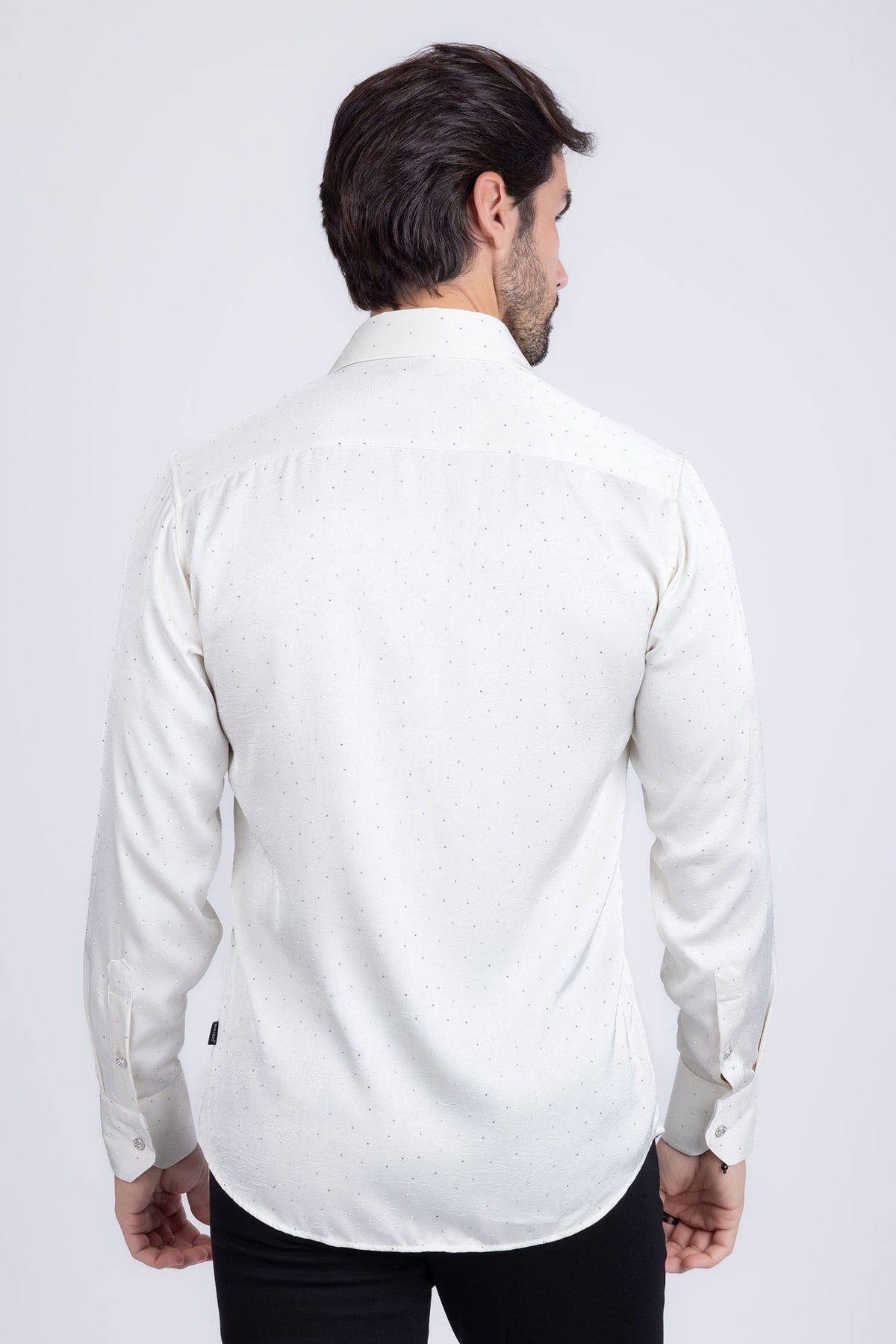 Barabas Men's Rhinestones Textured Long Sleeve Shirts 5B12 #Color_White Silver