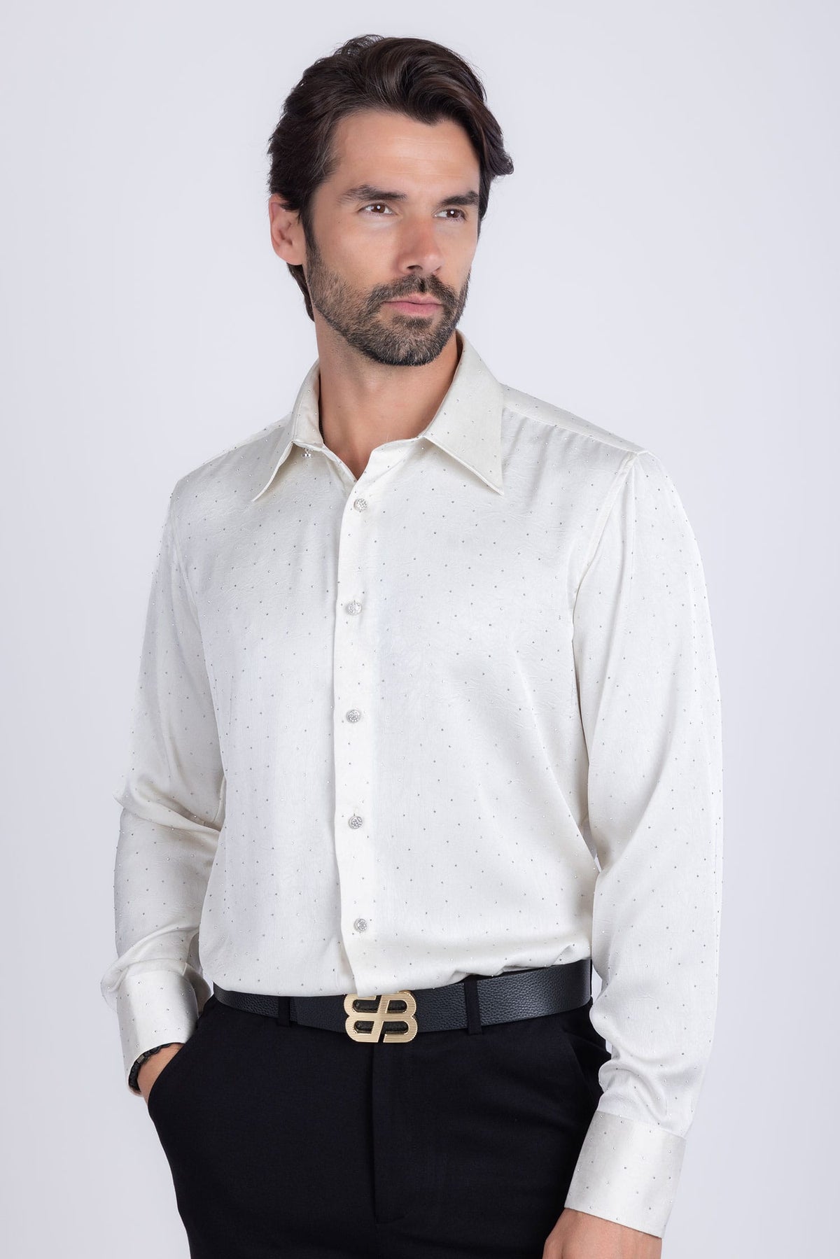 Barabas Men's Rhinestones Textured Long Sleeve Shirts 5B12 #Color_White Silver