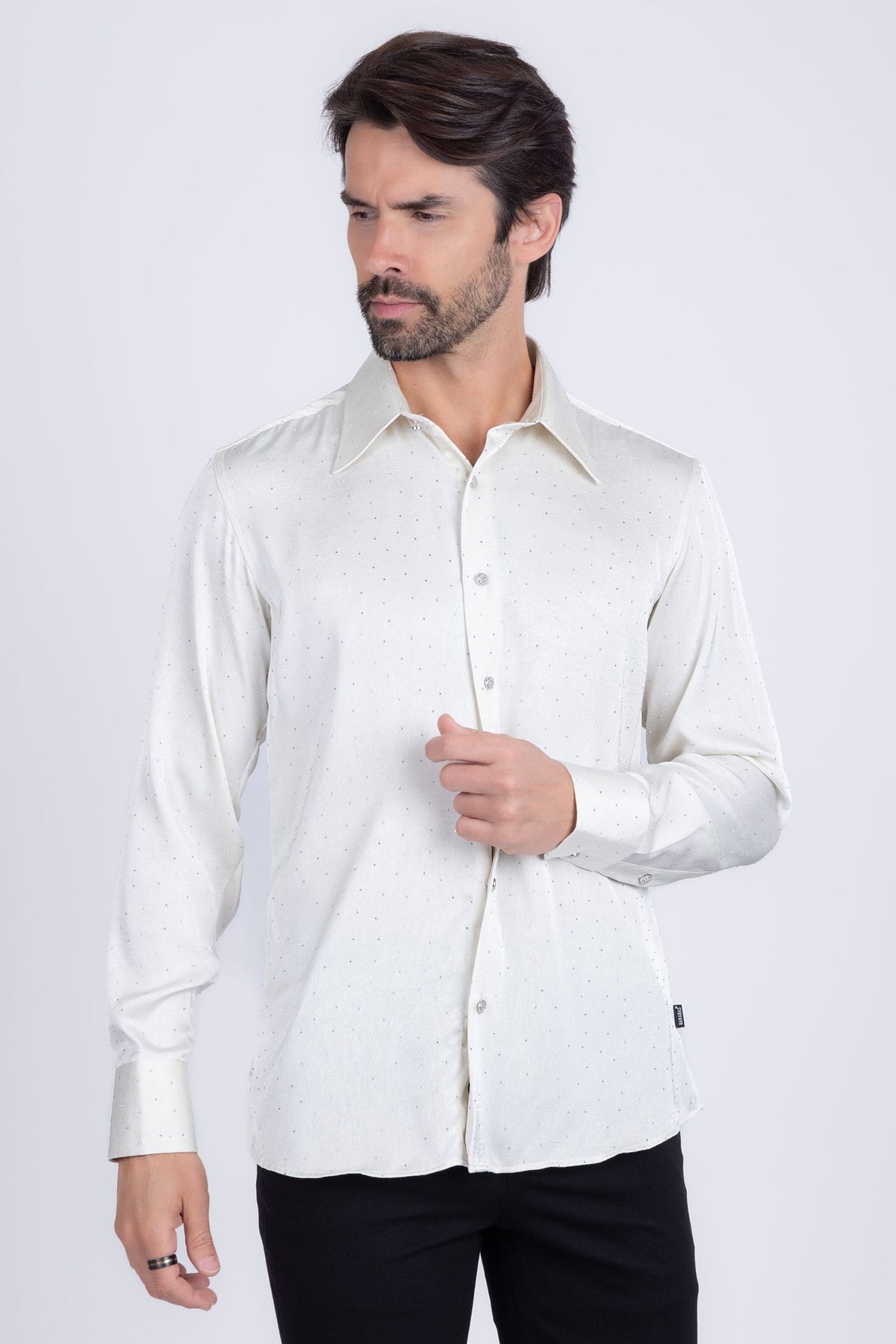 Barabas Men's Rhinestones Textured Long Sleeve Shirts 5B12 #Color_White Silver