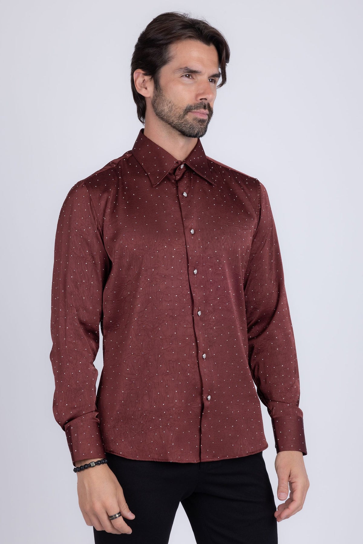 Barabas Men's Rhinestones Textured Long Sleeve Shirts 5B12 #Color_Wine Silver