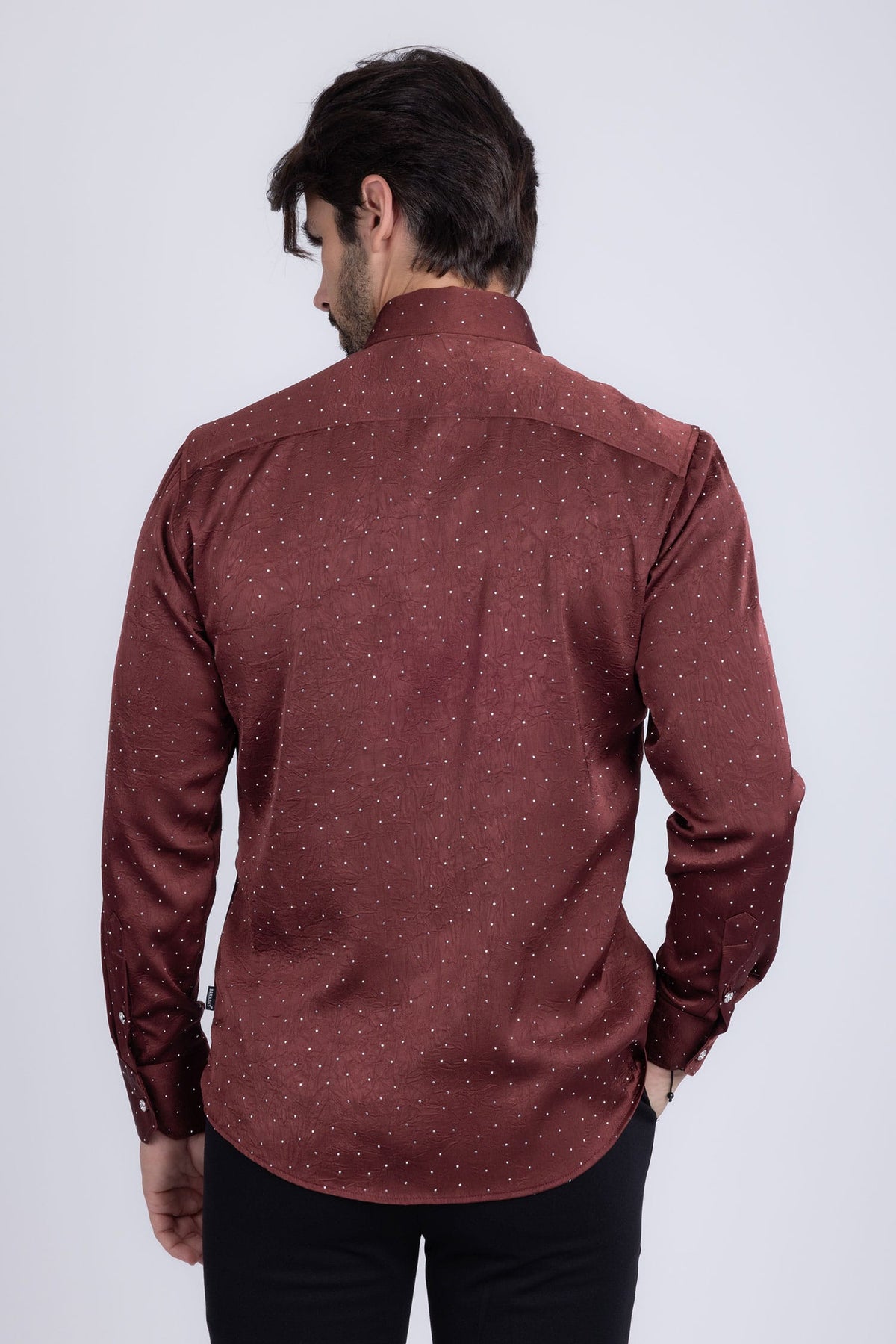 Barabas Men's Rhinestones Textured Long Sleeve Shirts 5B12 #Color_Wine Silver