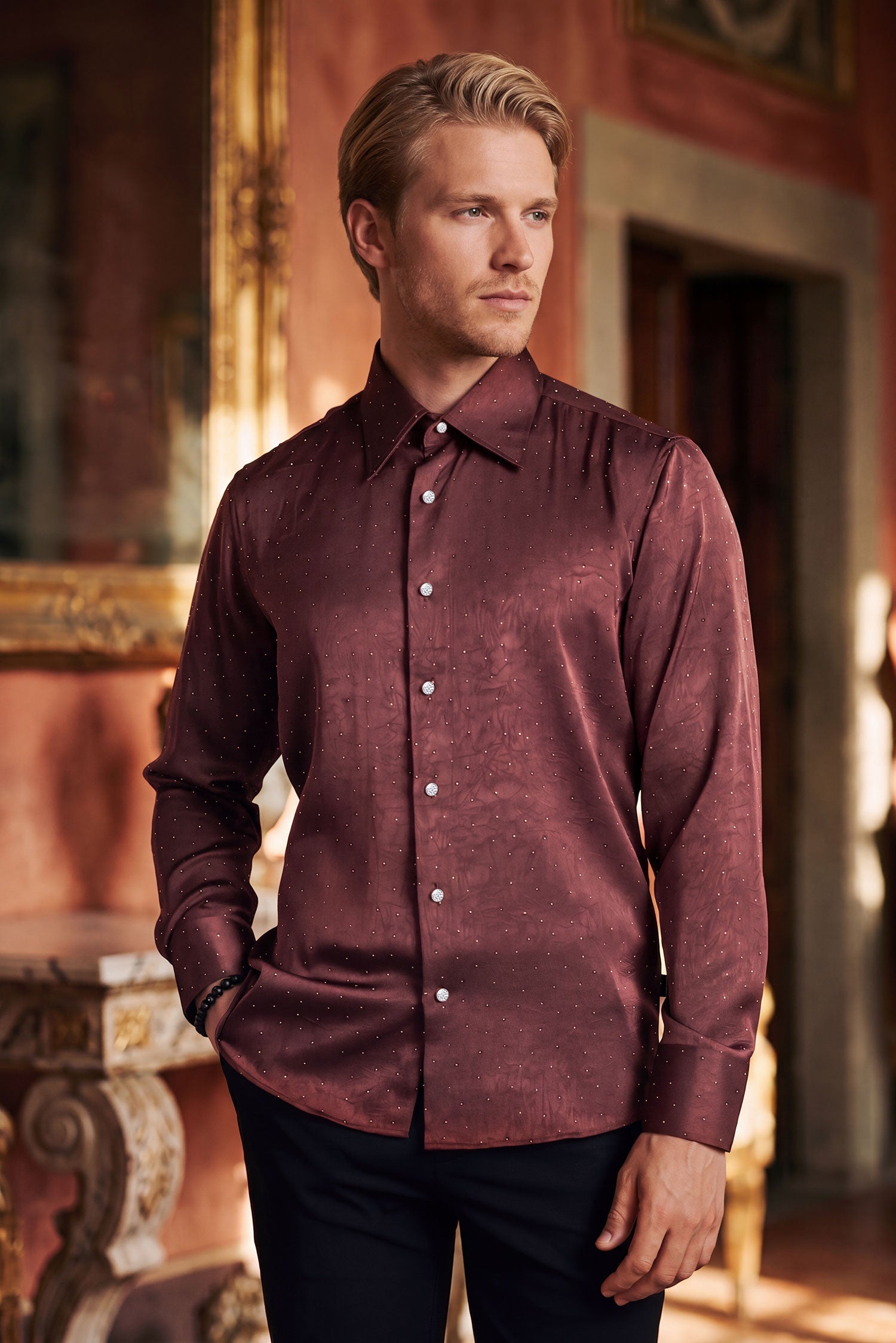 Barabas Men's Rhinestones Textured Long Sleeve Shirts 5B12 Wine Silver