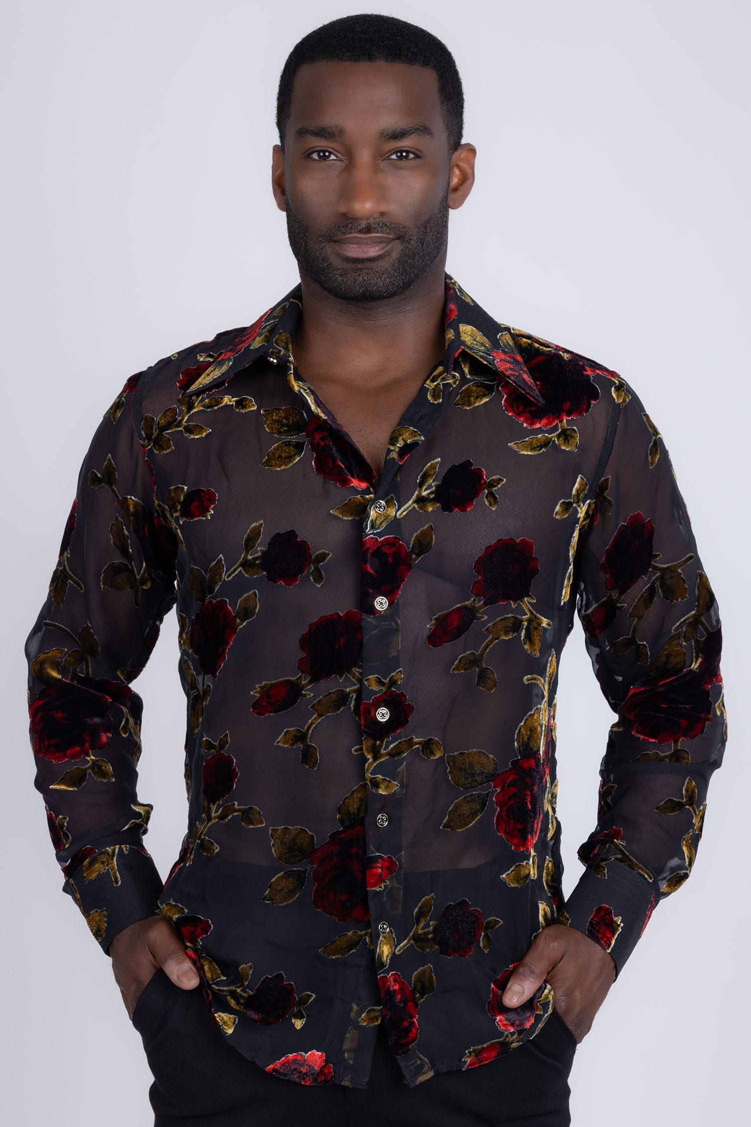 Barabas Men's See Through Floral Pattern Long Sleeve Shirts 5B16 Black