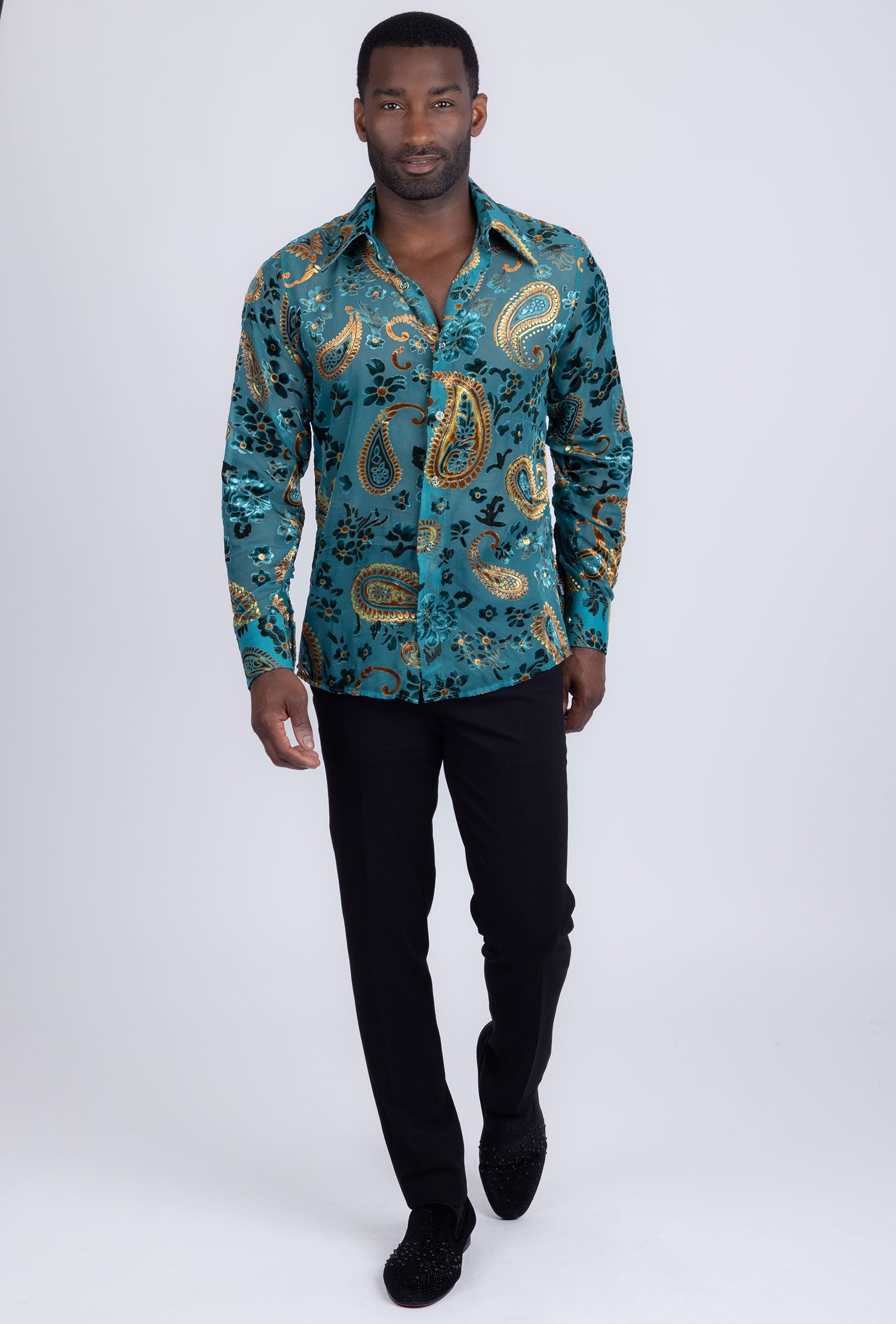Barabas Men's See Through Paisley Textured Long Sleeve Shirts 5B17 Teal